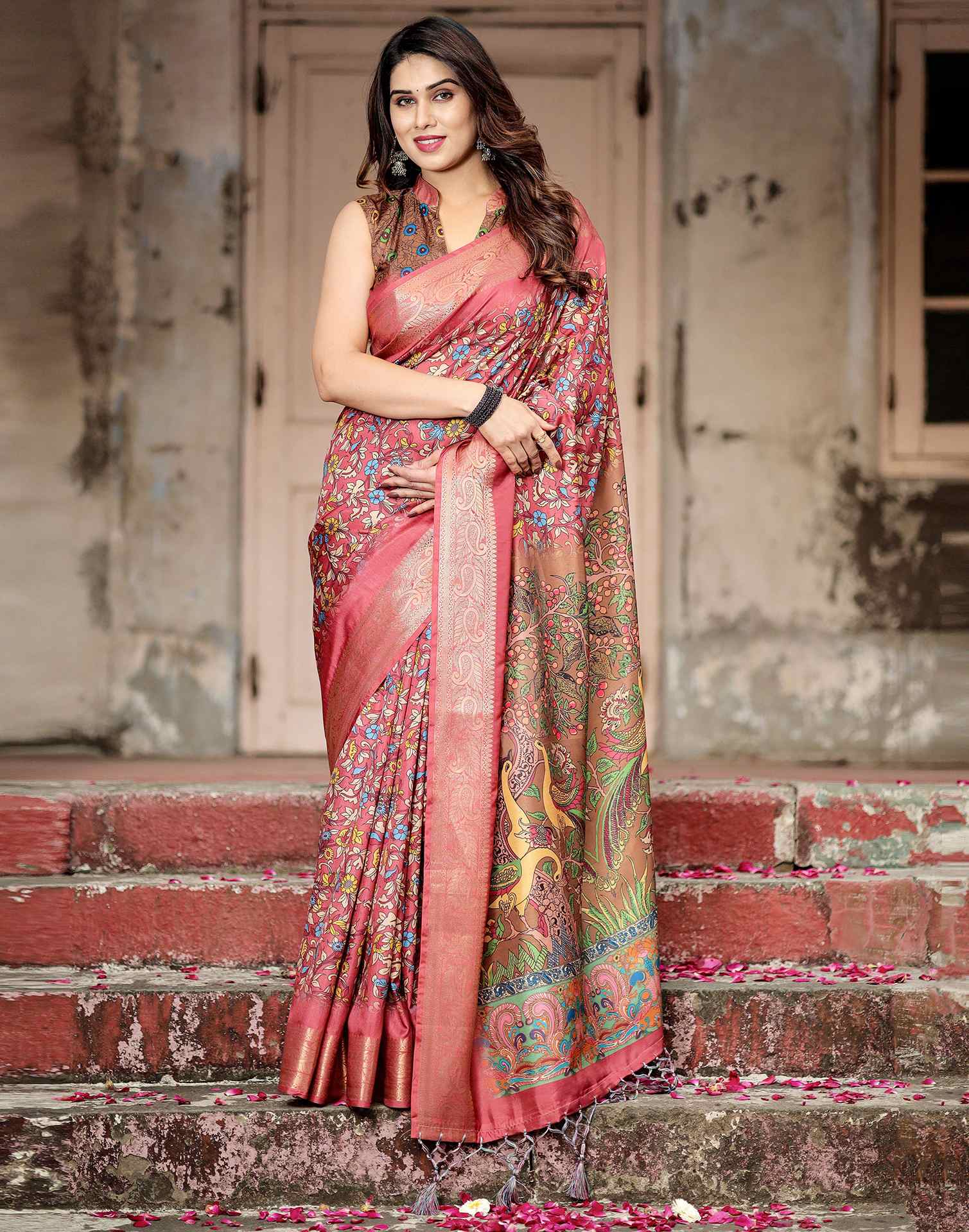Peach Pink Tussar Silk Printed Kalamkari Saree