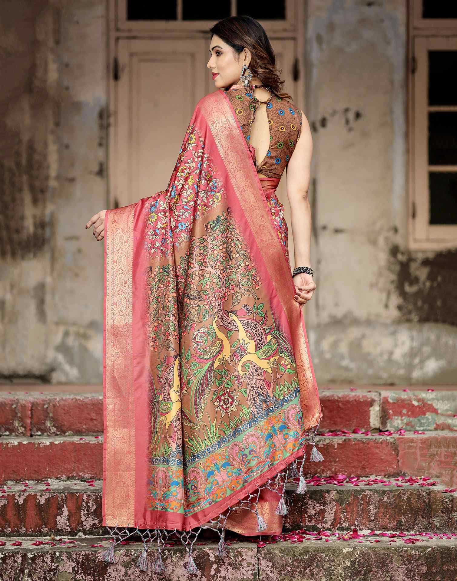 Peach Pink Tussar Silk Printed Kalamkari Saree