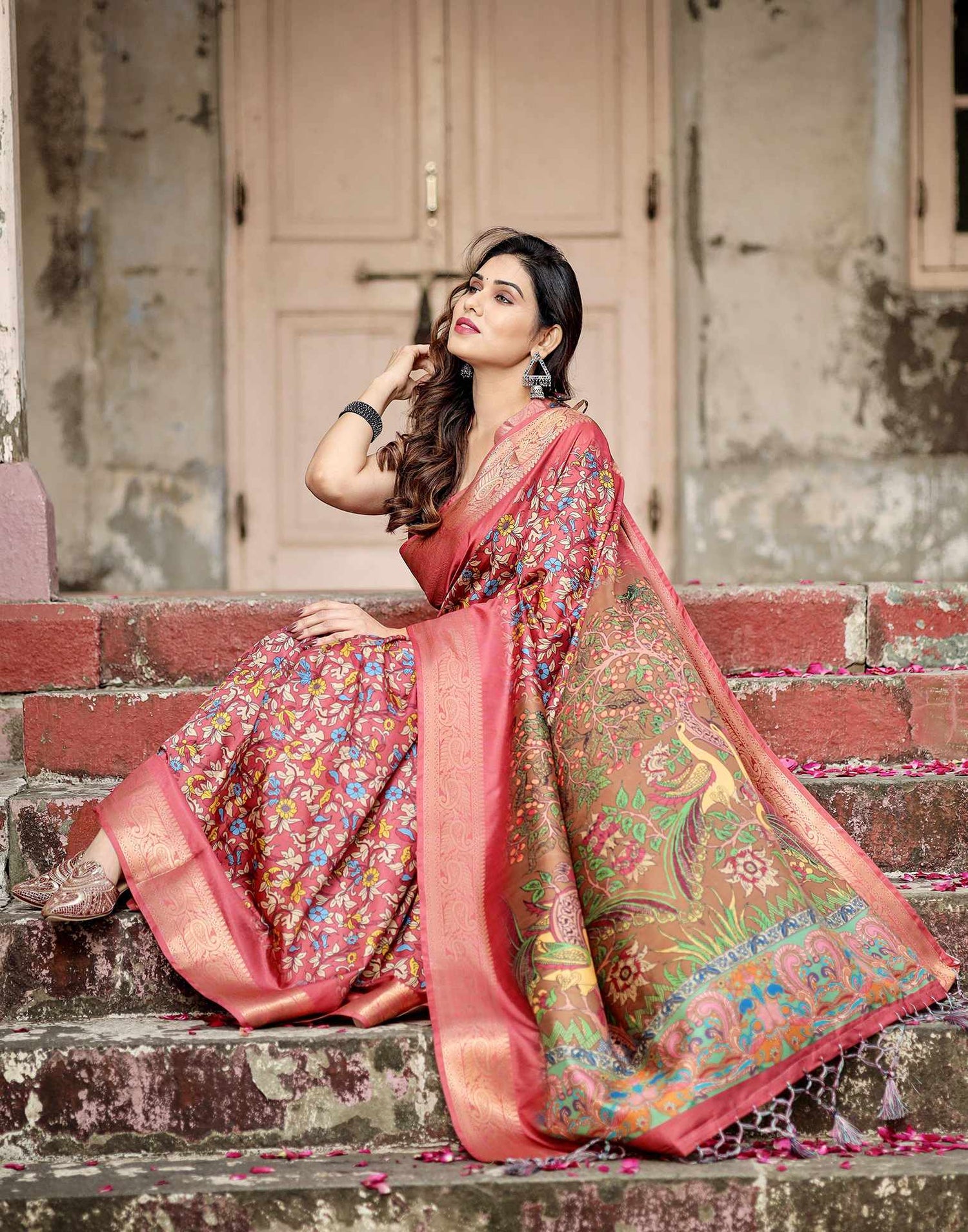 Peach Pink Tussar Silk Printed Kalamkari Saree