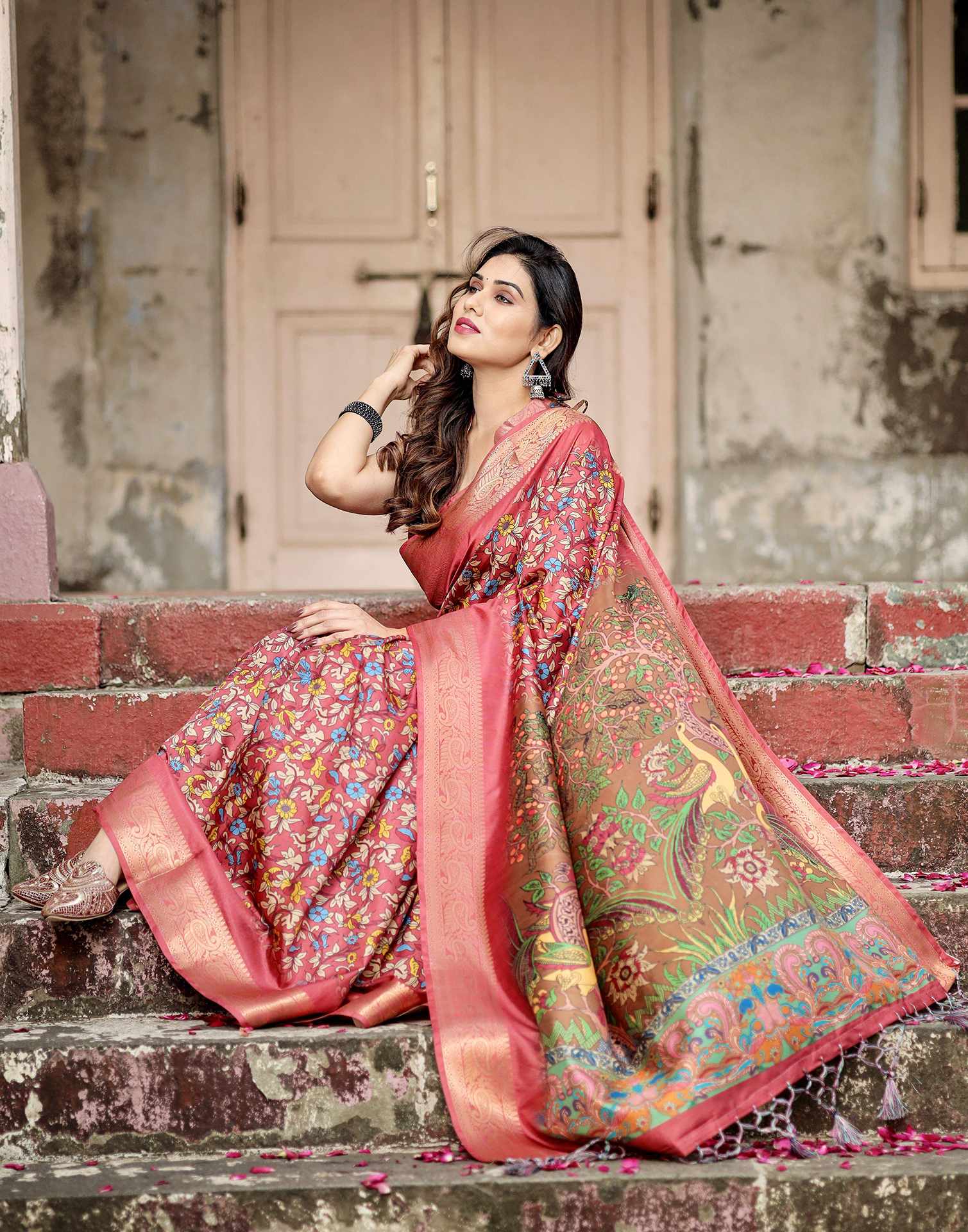 Peach Pink Tussar Silk Printed Kalamkari Saree