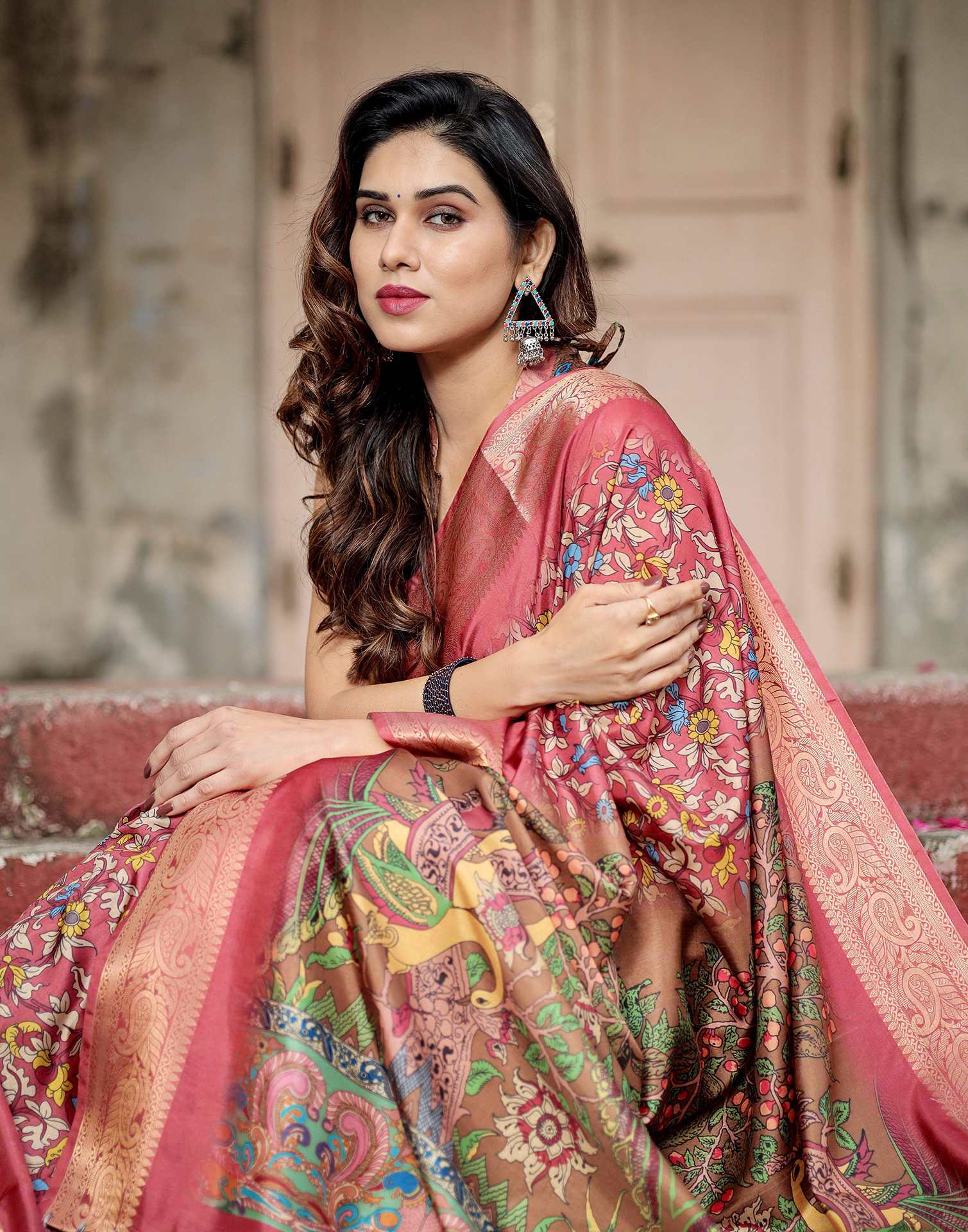 Peach Pink Tussar Silk Printed Kalamkari Saree