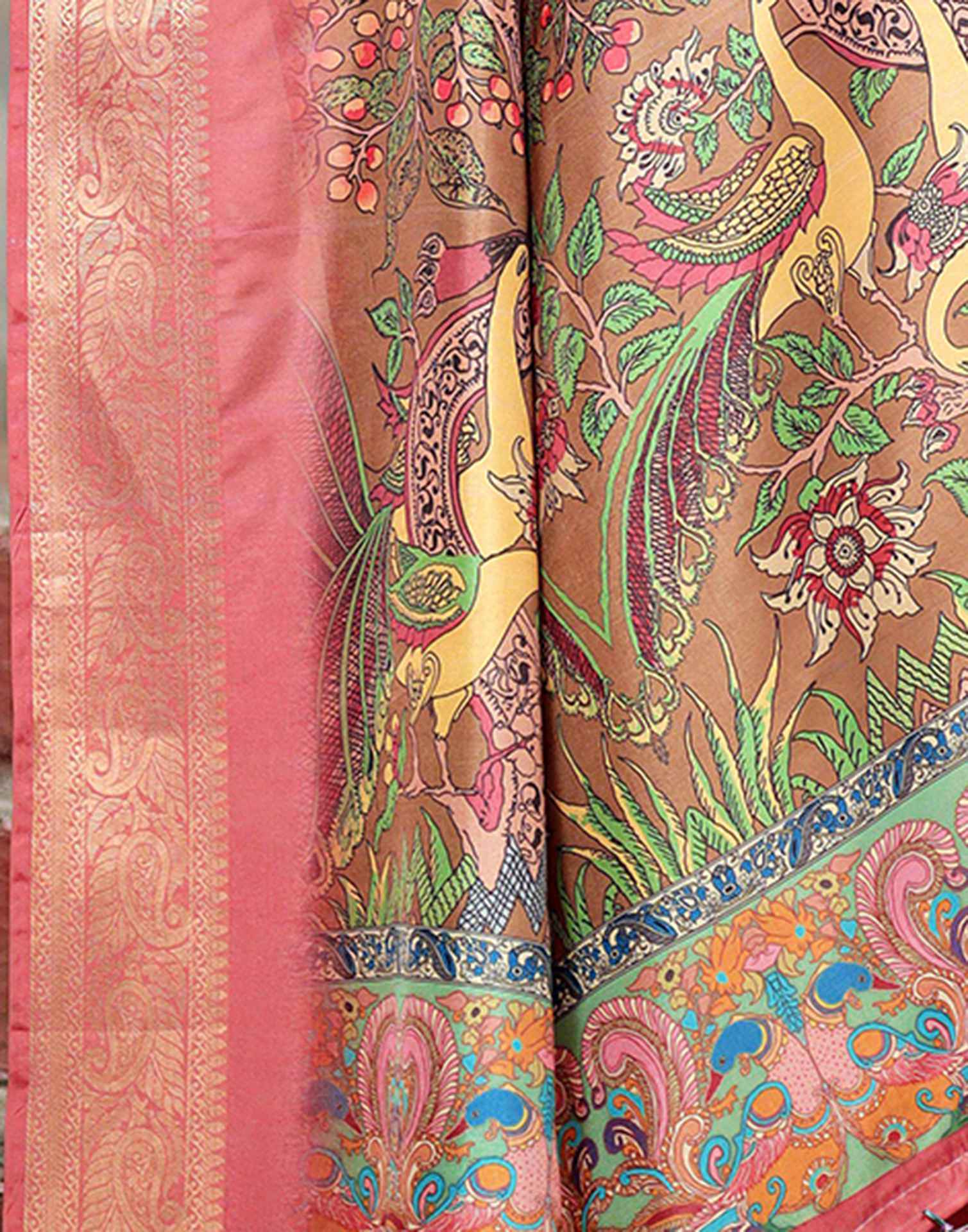 Peach Pink Tussar Silk Printed Kalamkari Saree