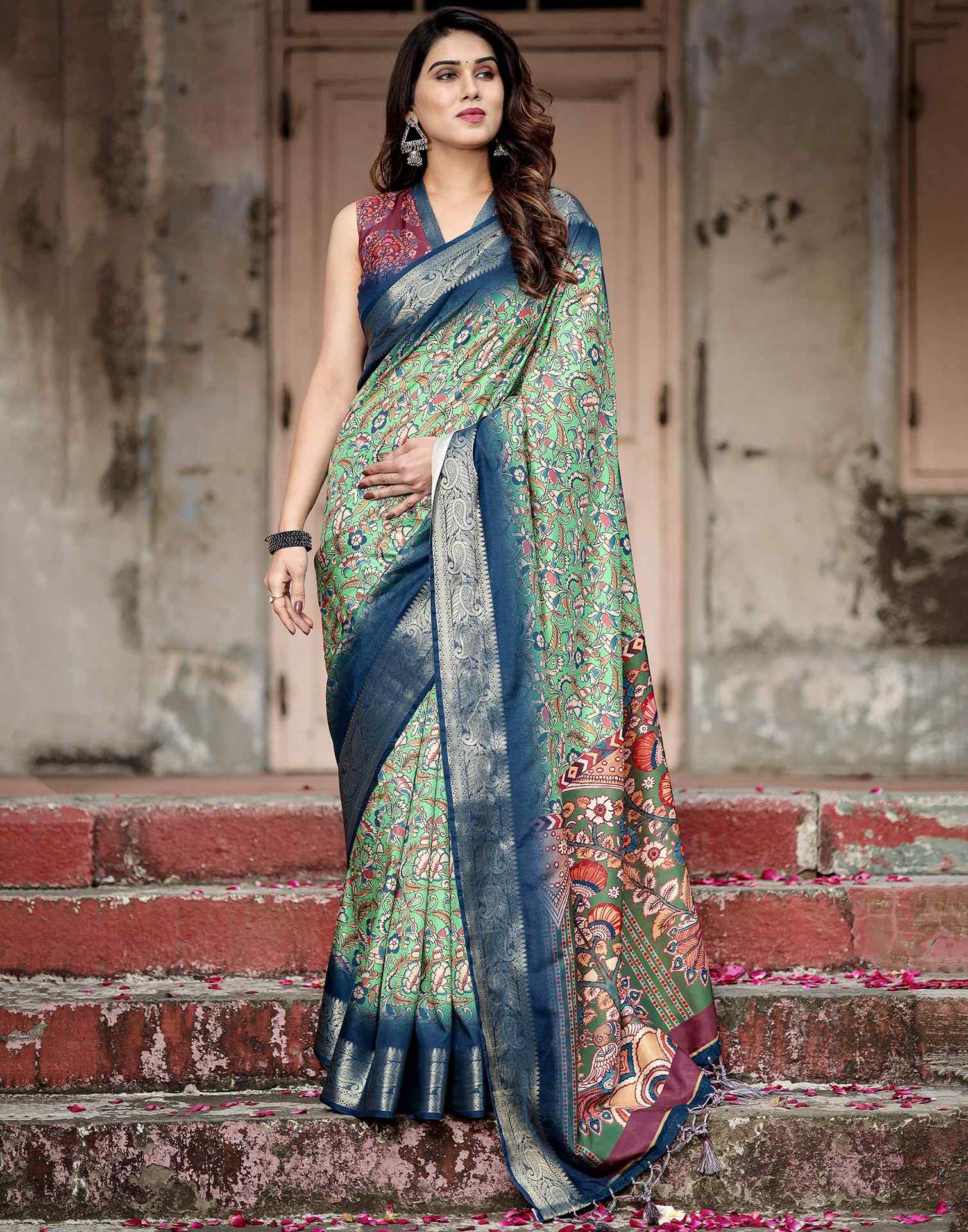 Teal Green Tussar Silk Printed Kalamkari Saree