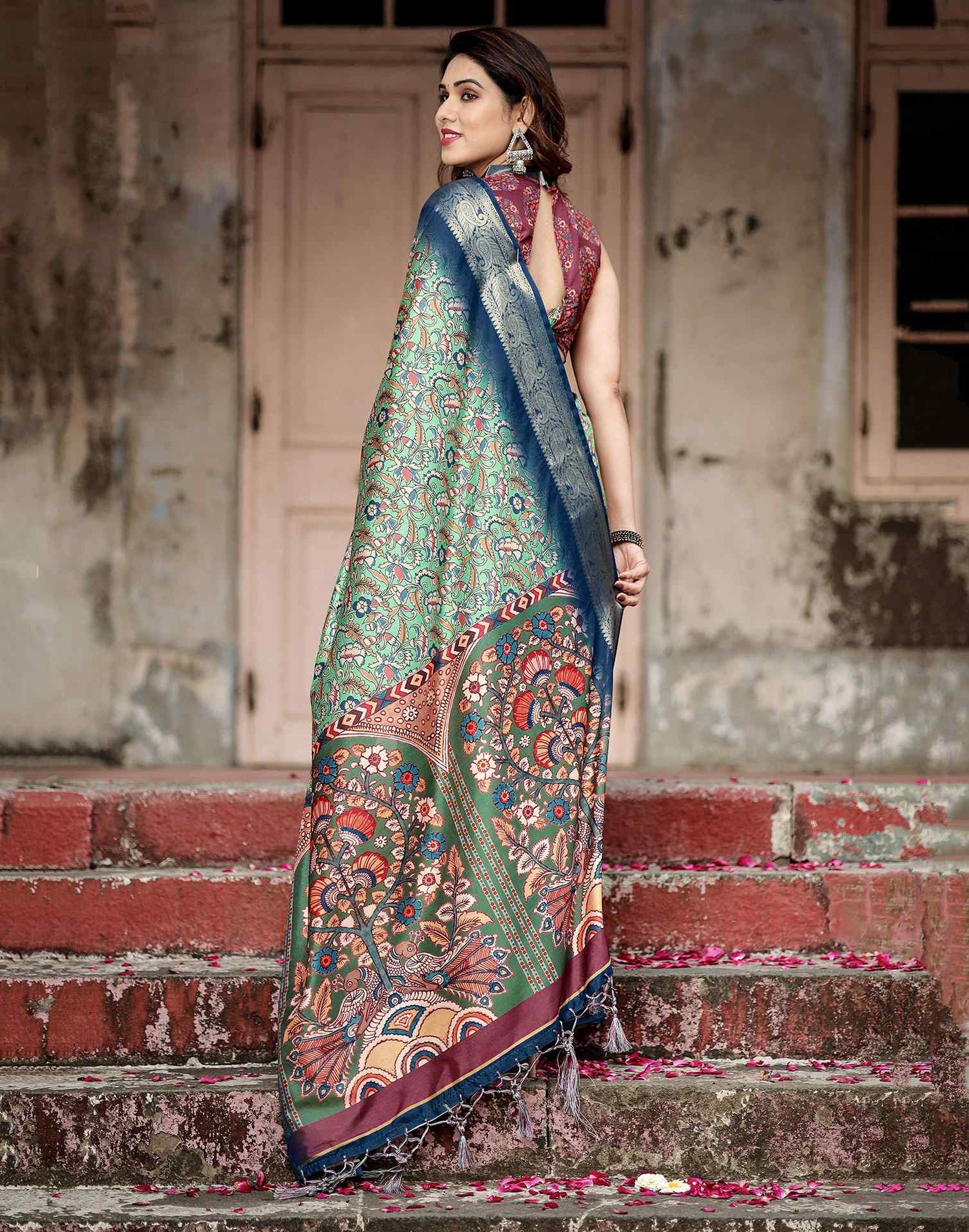 Teal Green Tussar Silk Printed Kalamkari Saree