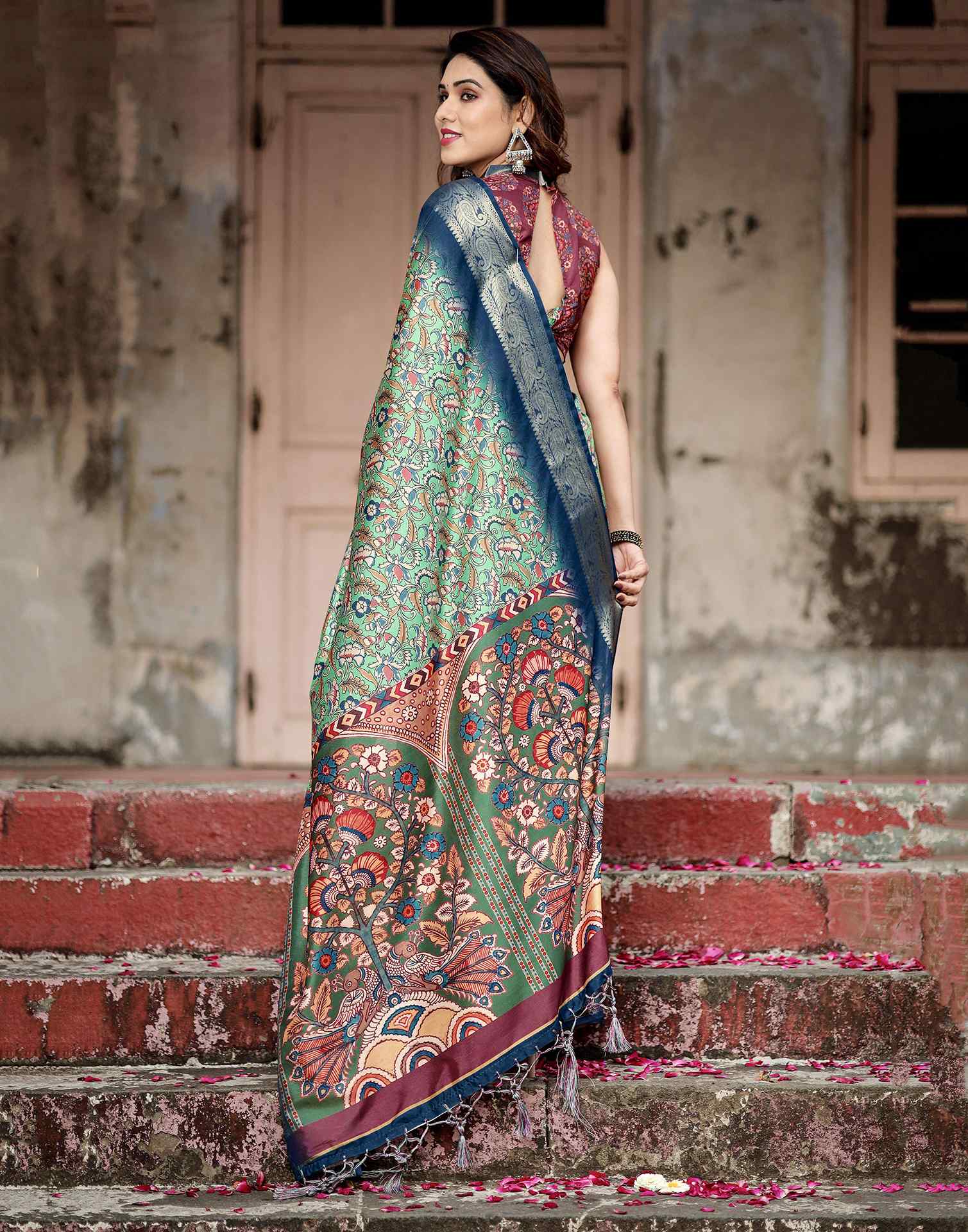 Teal Green Tussar Silk Printed Kalamkari Saree