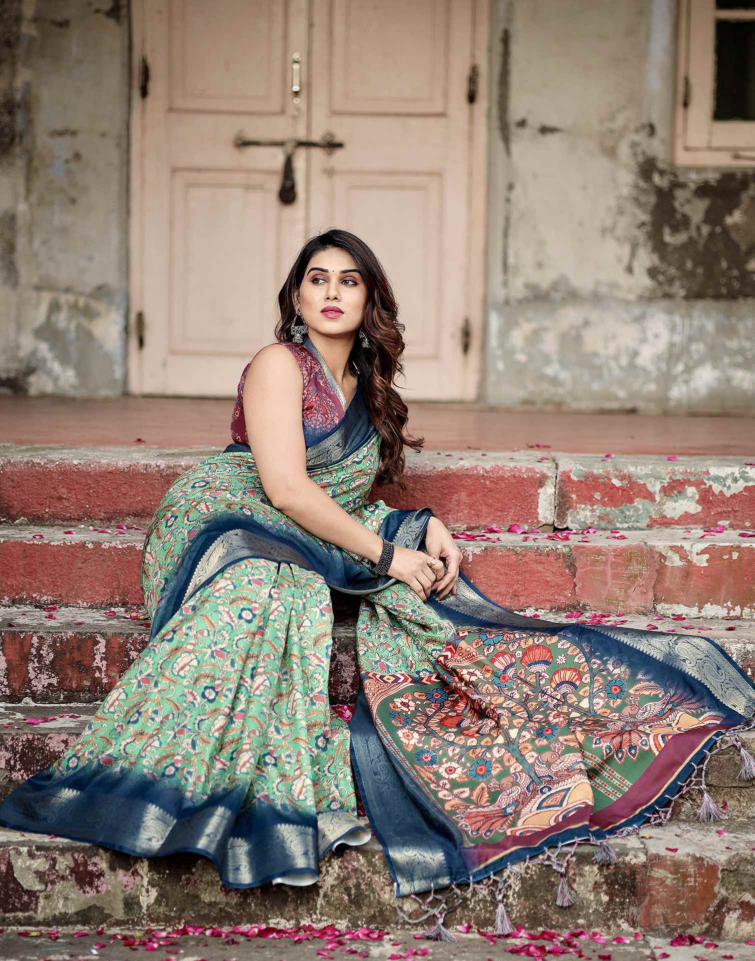 Teal Green Tussar Silk Printed Kalamkari Saree