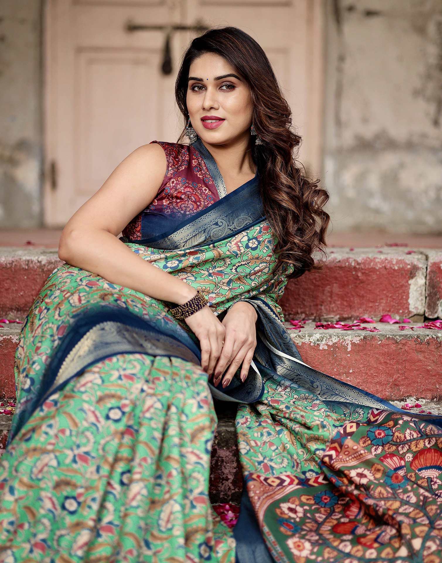 Teal Green Tussar Silk Printed Kalamkari Saree