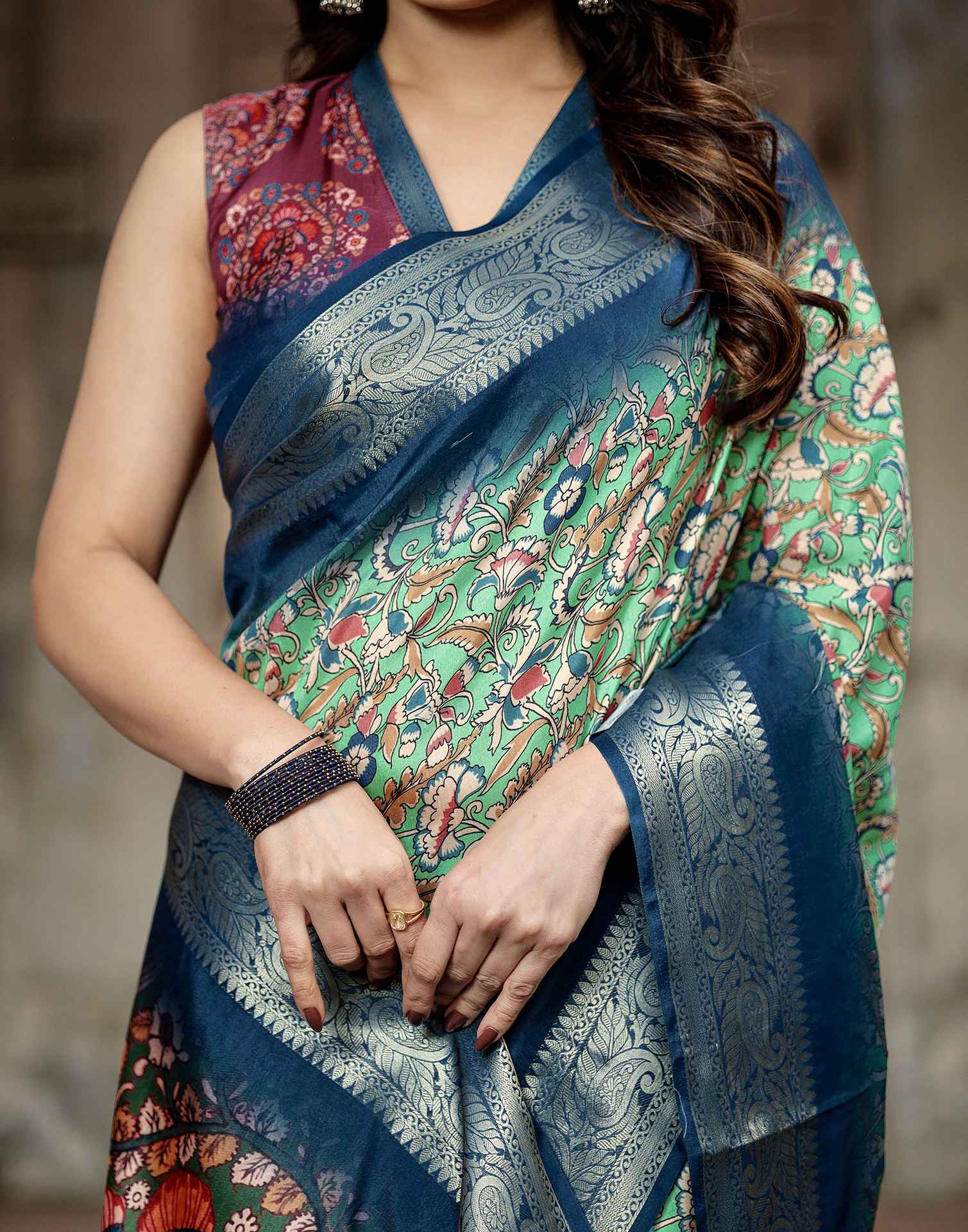 Teal Green Tussar Silk Printed Kalamkari Saree