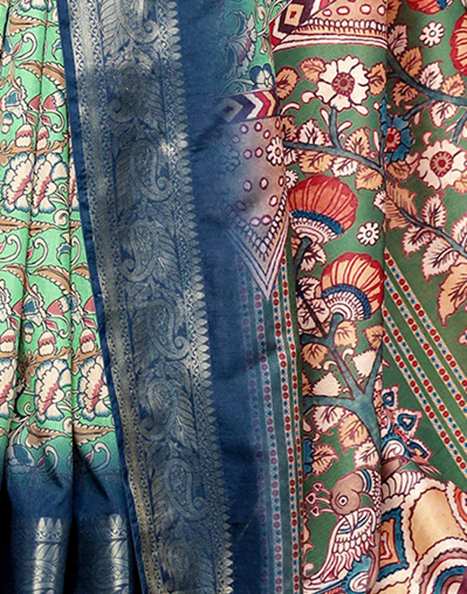 Teal Green Tussar Silk Printed Kalamkari Saree