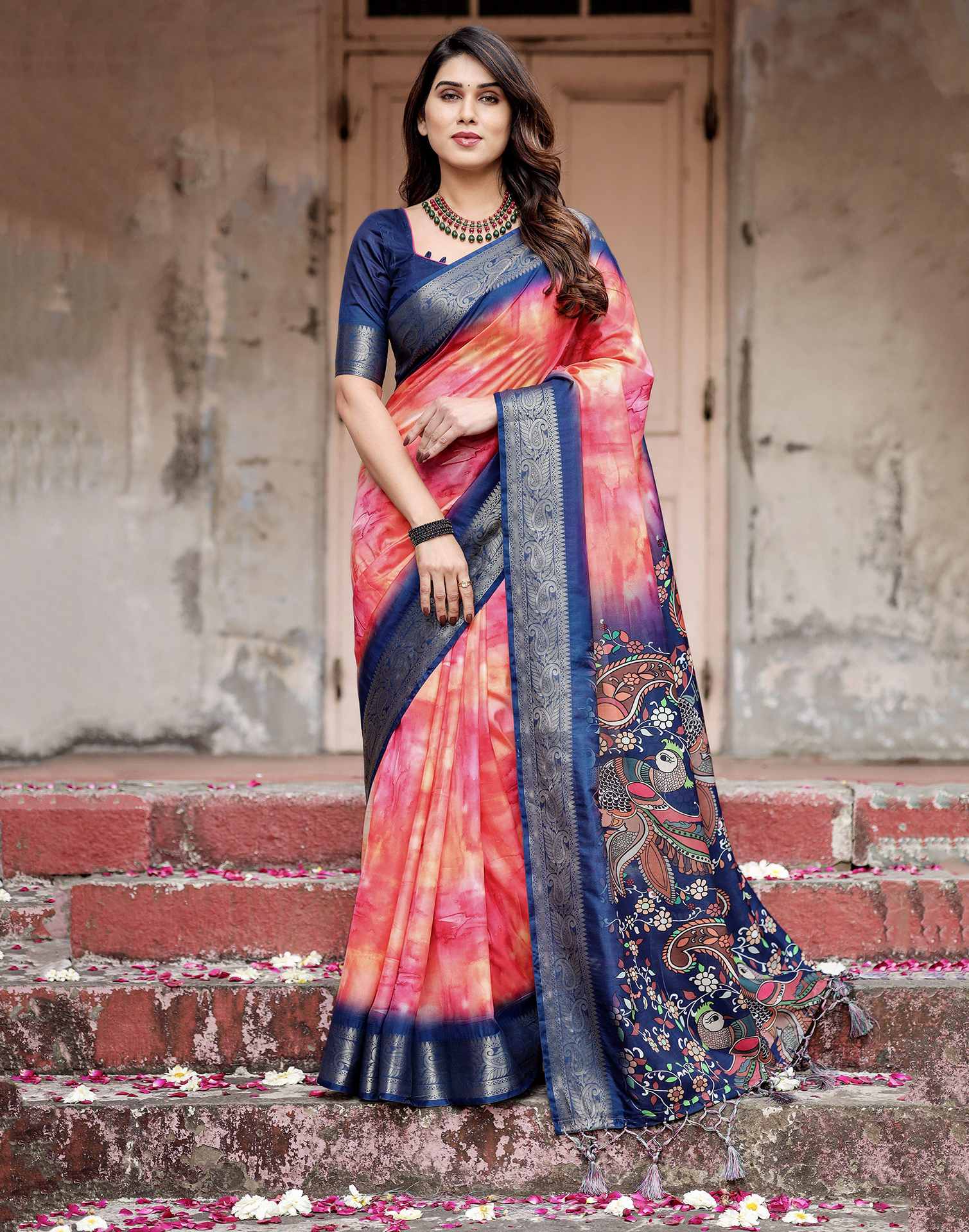 Dark Blue Tussar Silk Printed Kalamkari Saree