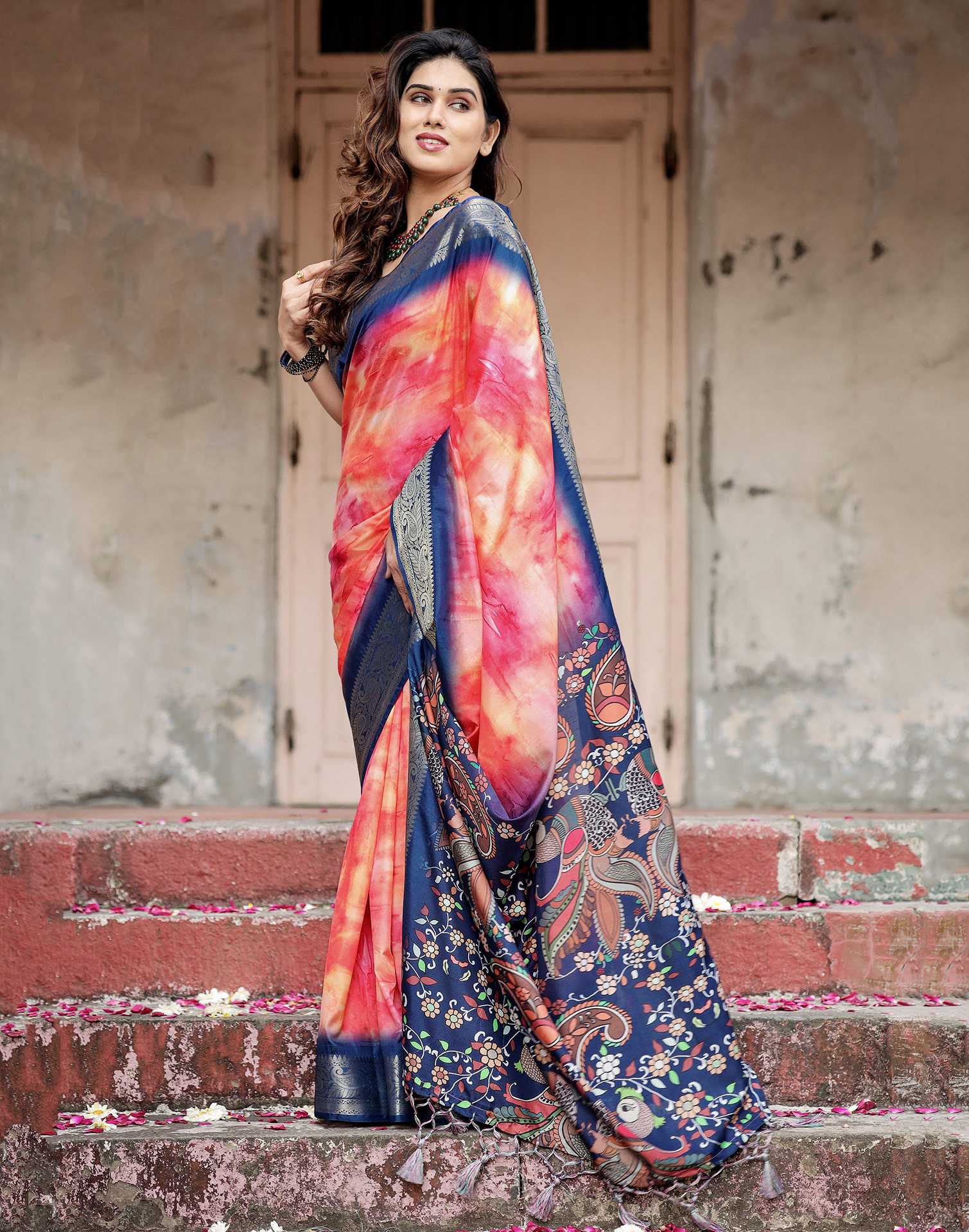 Dark Blue Tussar Silk Printed Kalamkari Saree