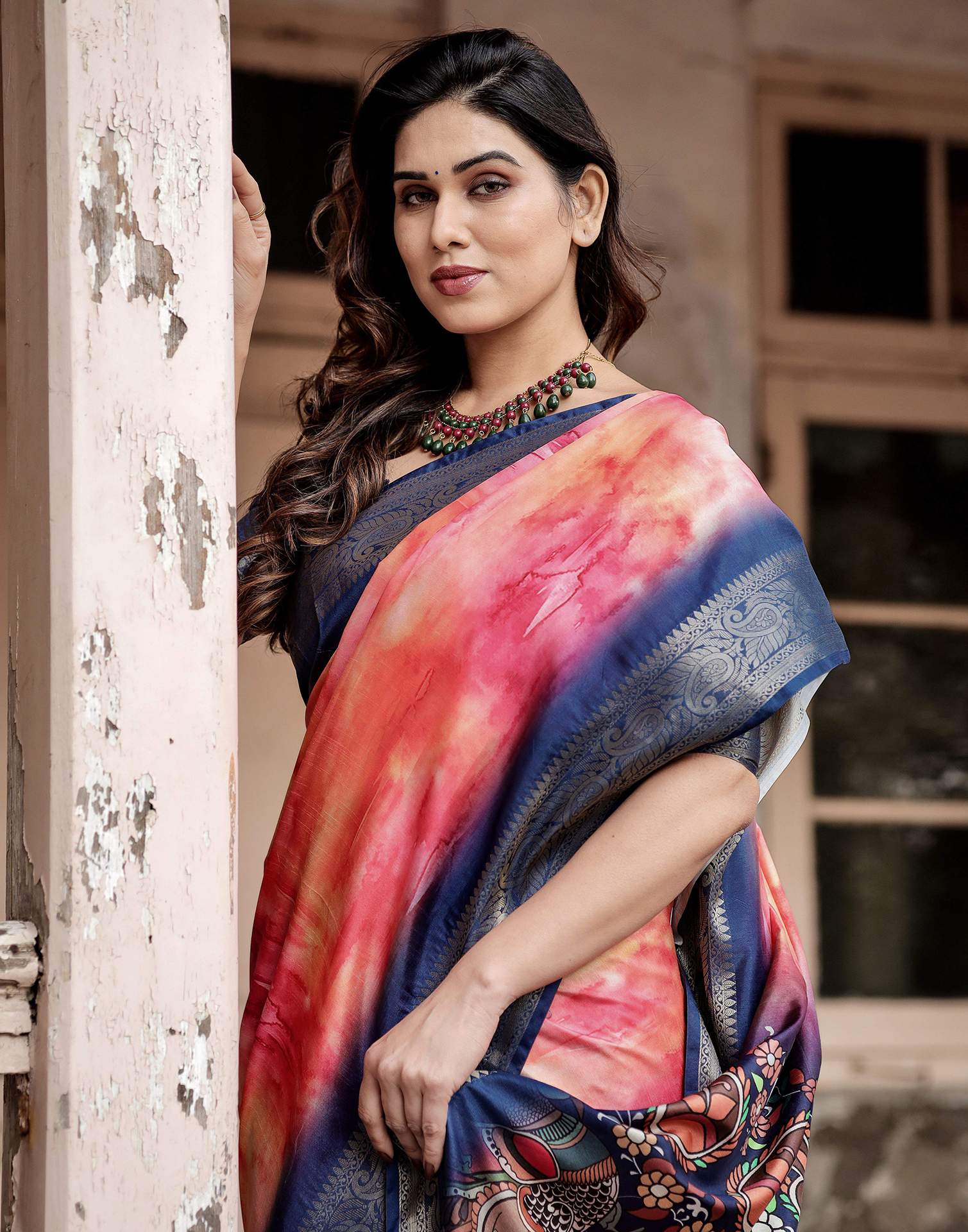 Dark Blue Tussar Silk Printed Kalamkari Saree