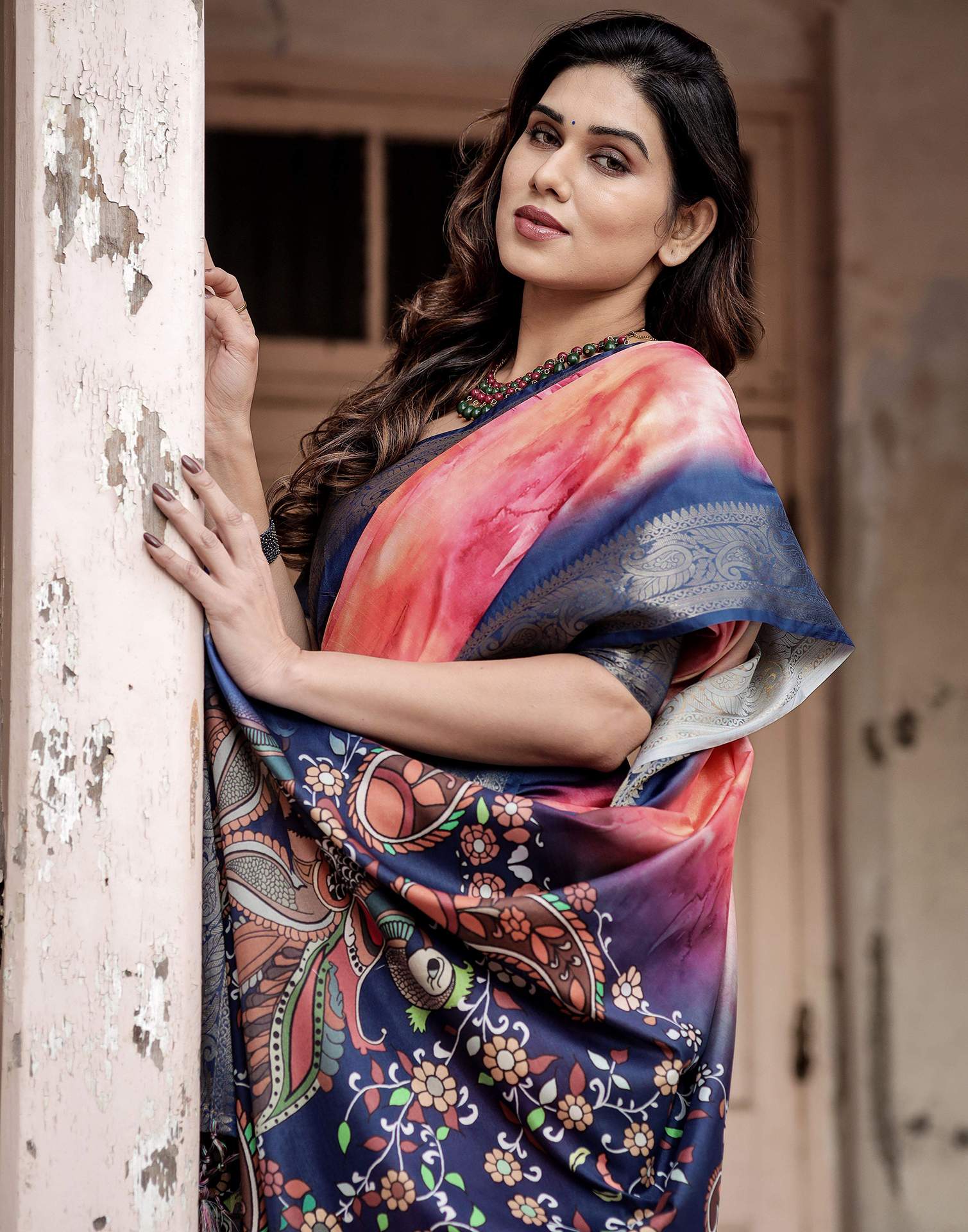 Dark Blue Tussar Silk Printed Kalamkari Saree