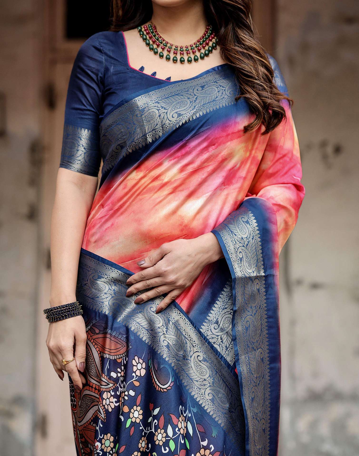 Dark Blue Tussar Silk Printed Kalamkari Saree
