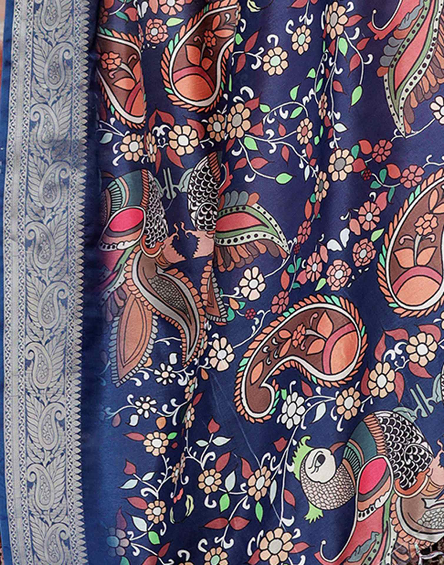 Dark Blue Tussar Silk Printed Kalamkari Saree