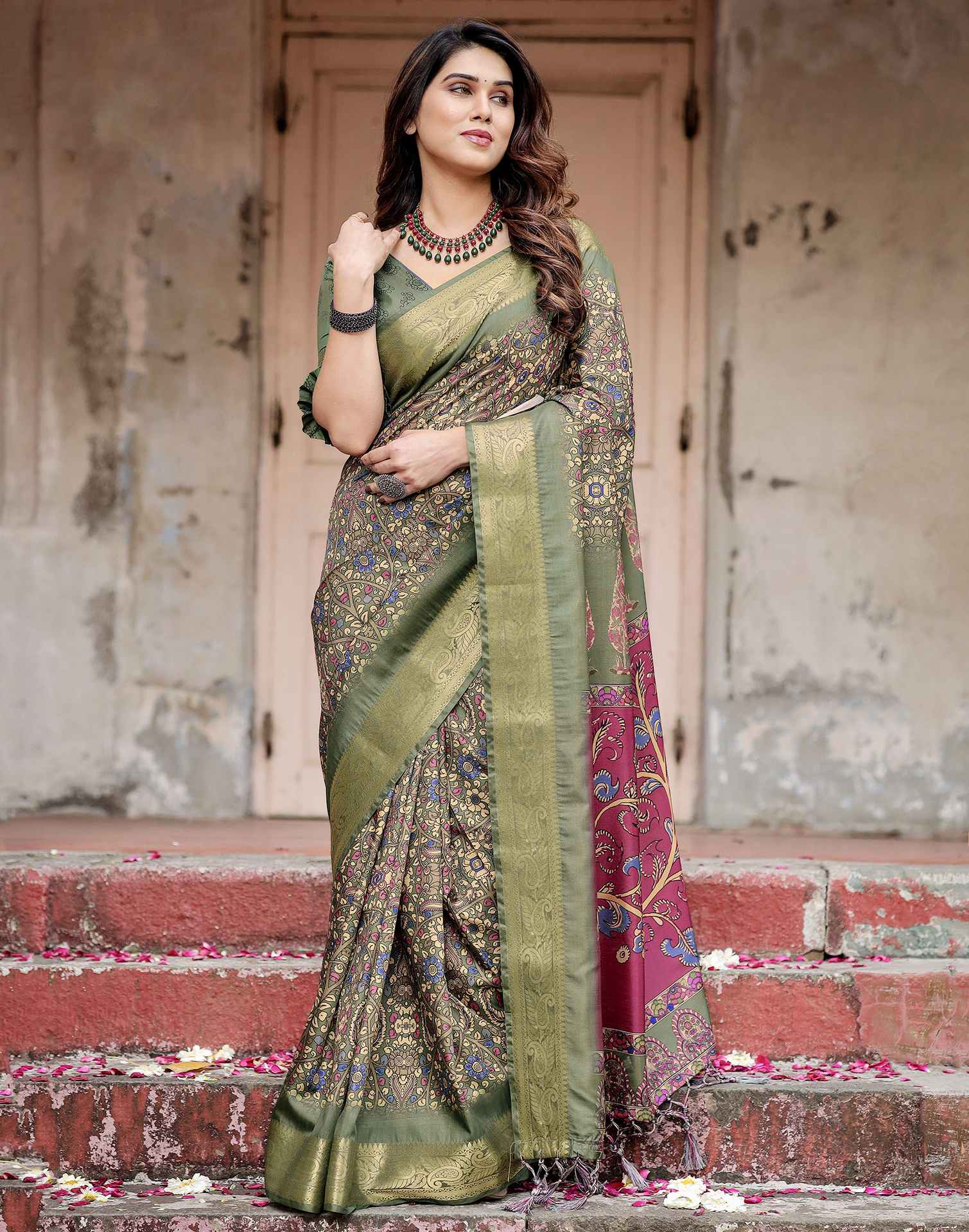 Dusty Green Tussar Silk Printed Kalamkari Saree