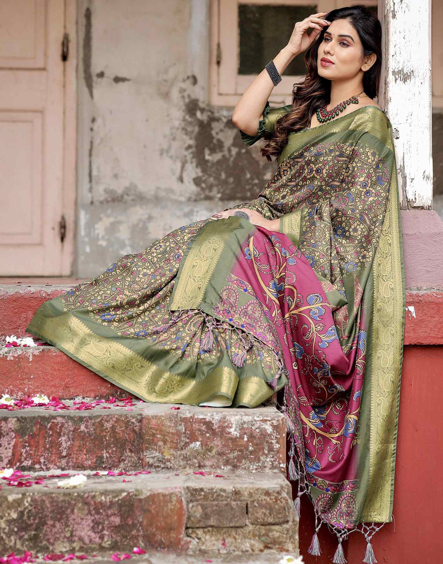Dusty Green Tussar Silk Printed Kalamkari Saree