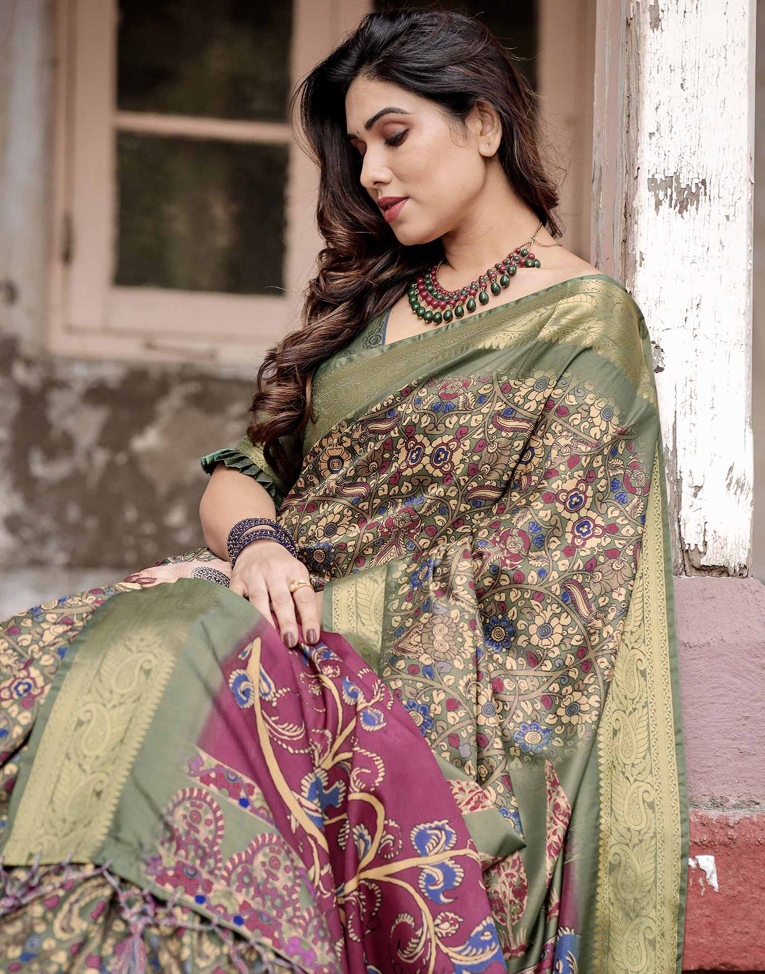 Dusty Green Tussar Silk Printed Kalamkari Saree