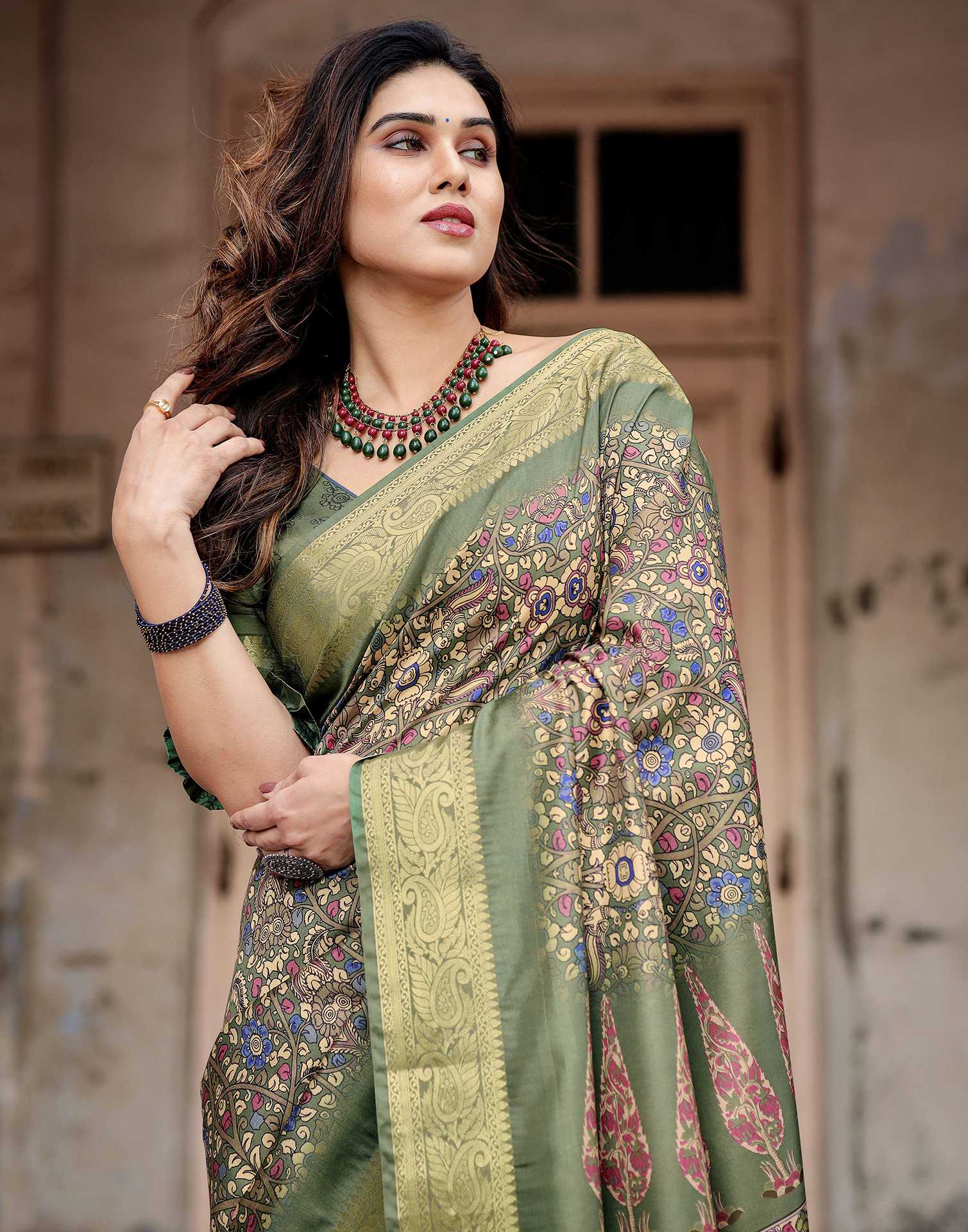 Dusty Green Tussar Silk Printed Kalamkari Saree
