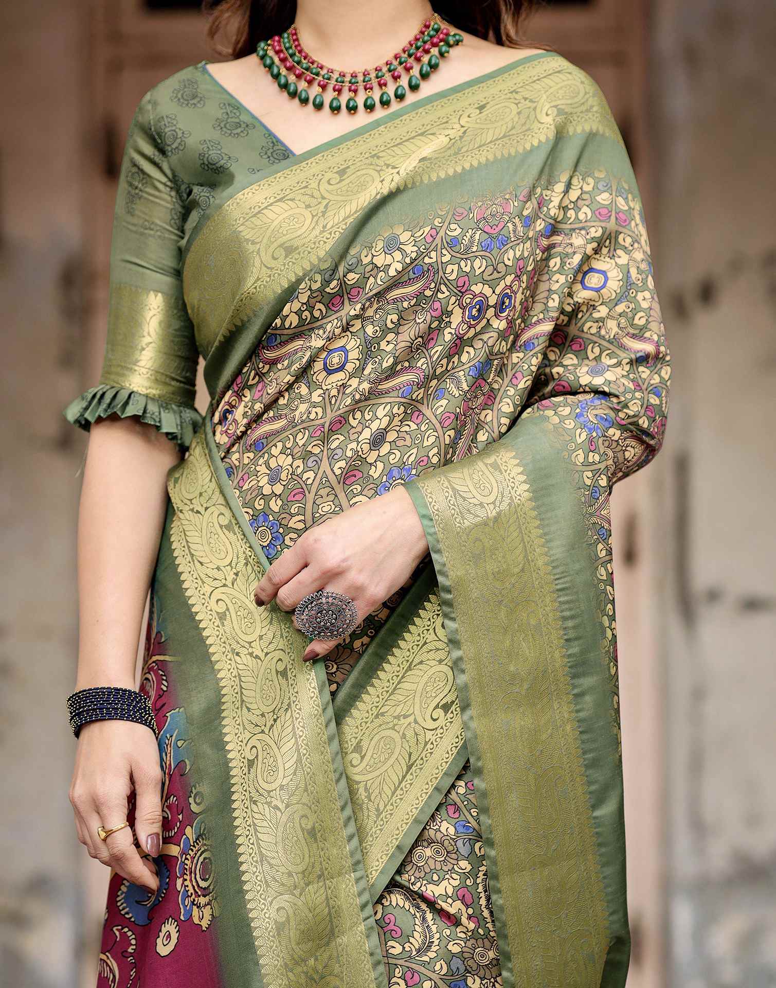 Dusty Green Tussar Silk Printed Kalamkari Saree