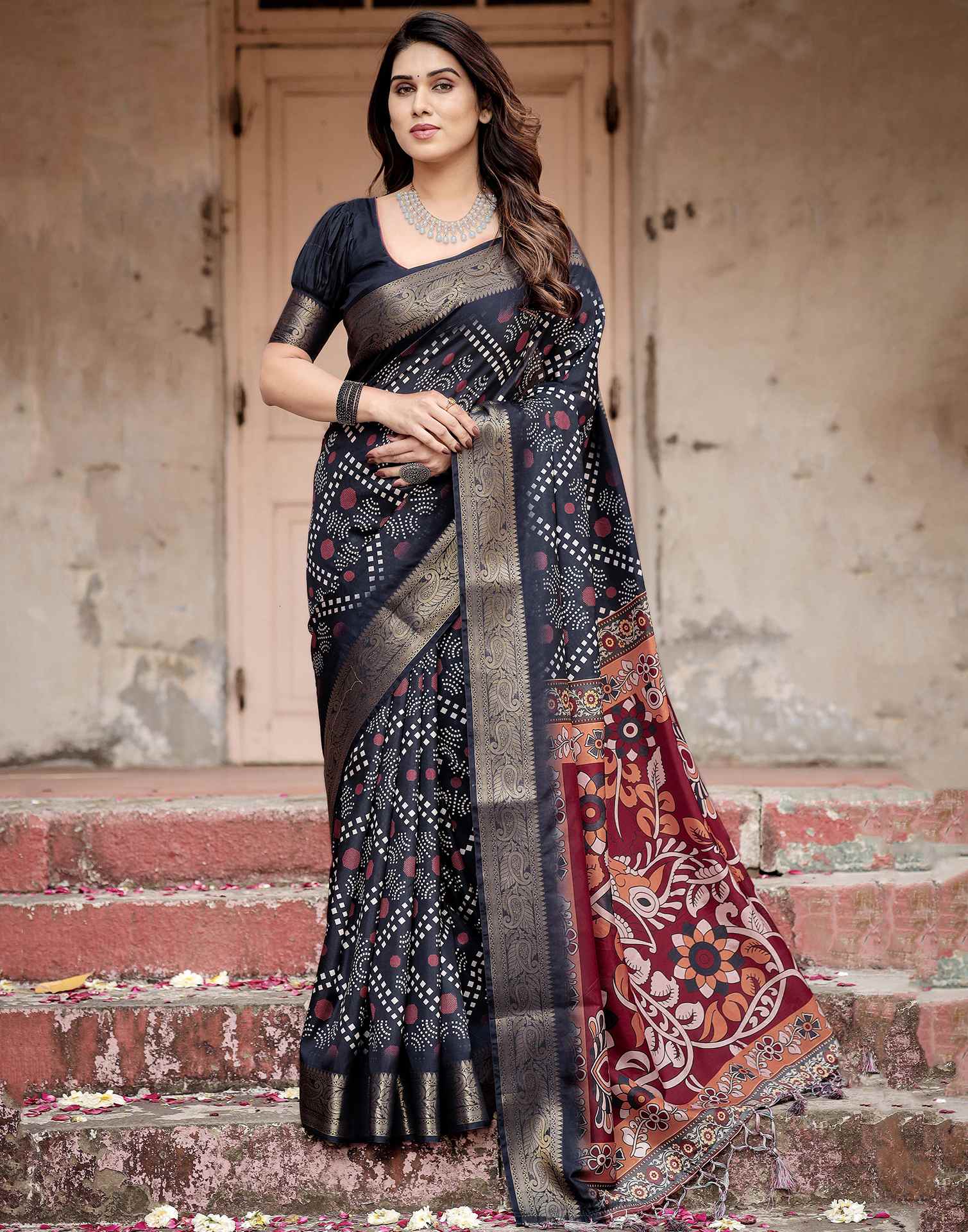 Navy Blue Tussar Silk Printed Kalamkari Saree