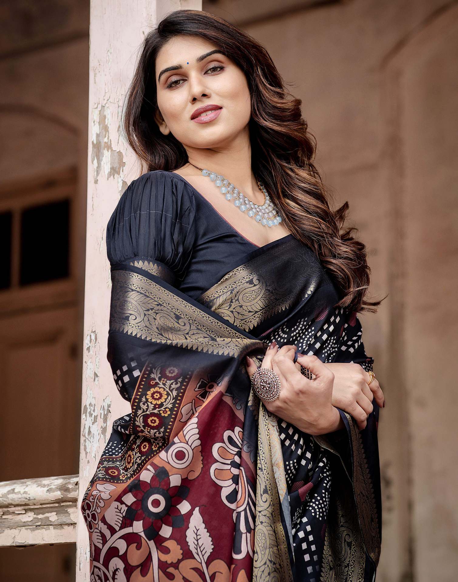 Navy Blue Tussar Silk Printed Kalamkari Saree