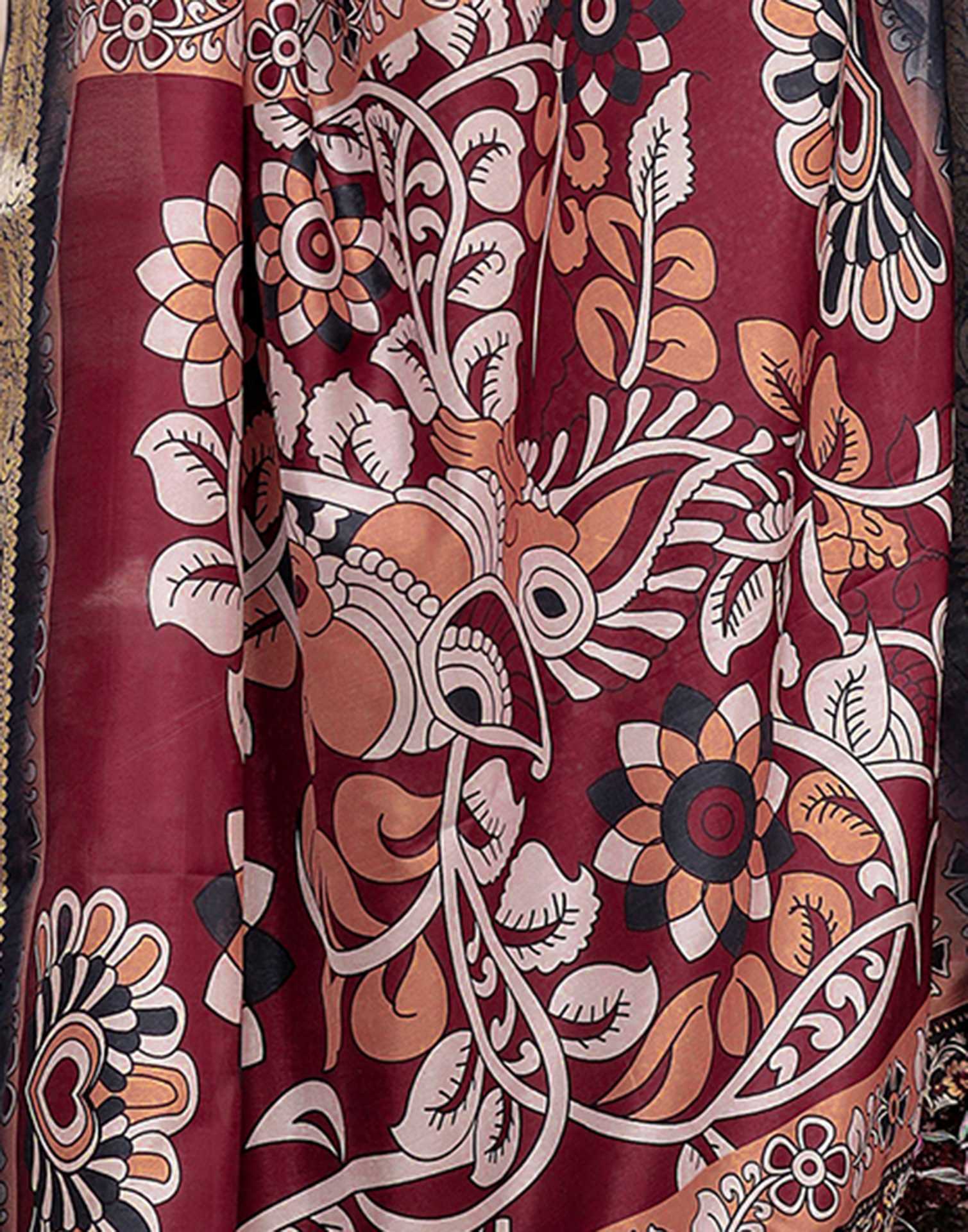 Navy Blue Tussar Silk Printed Kalamkari Saree