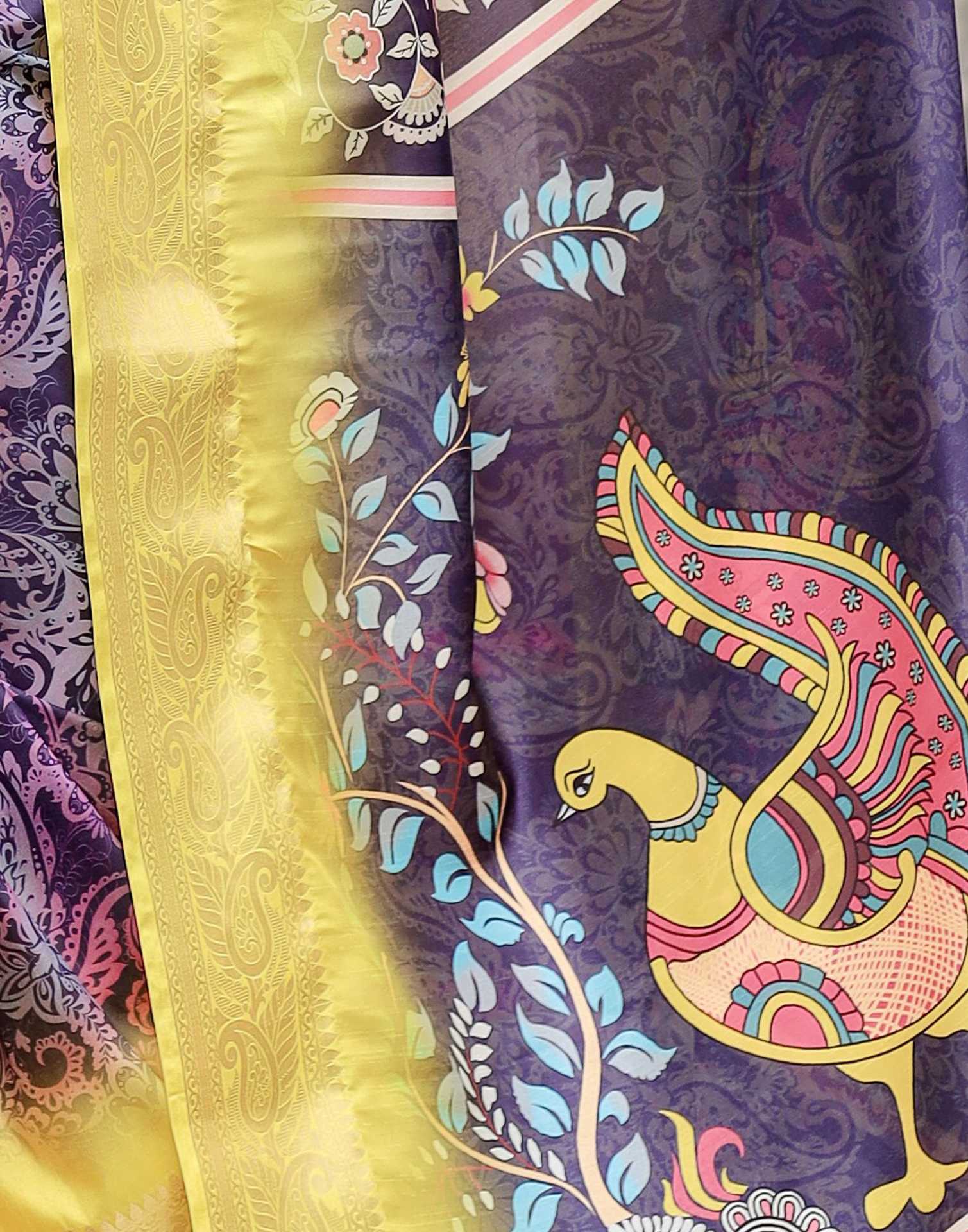 Dark Navy Blue Tussar Silk Printed Kalamkari Saree