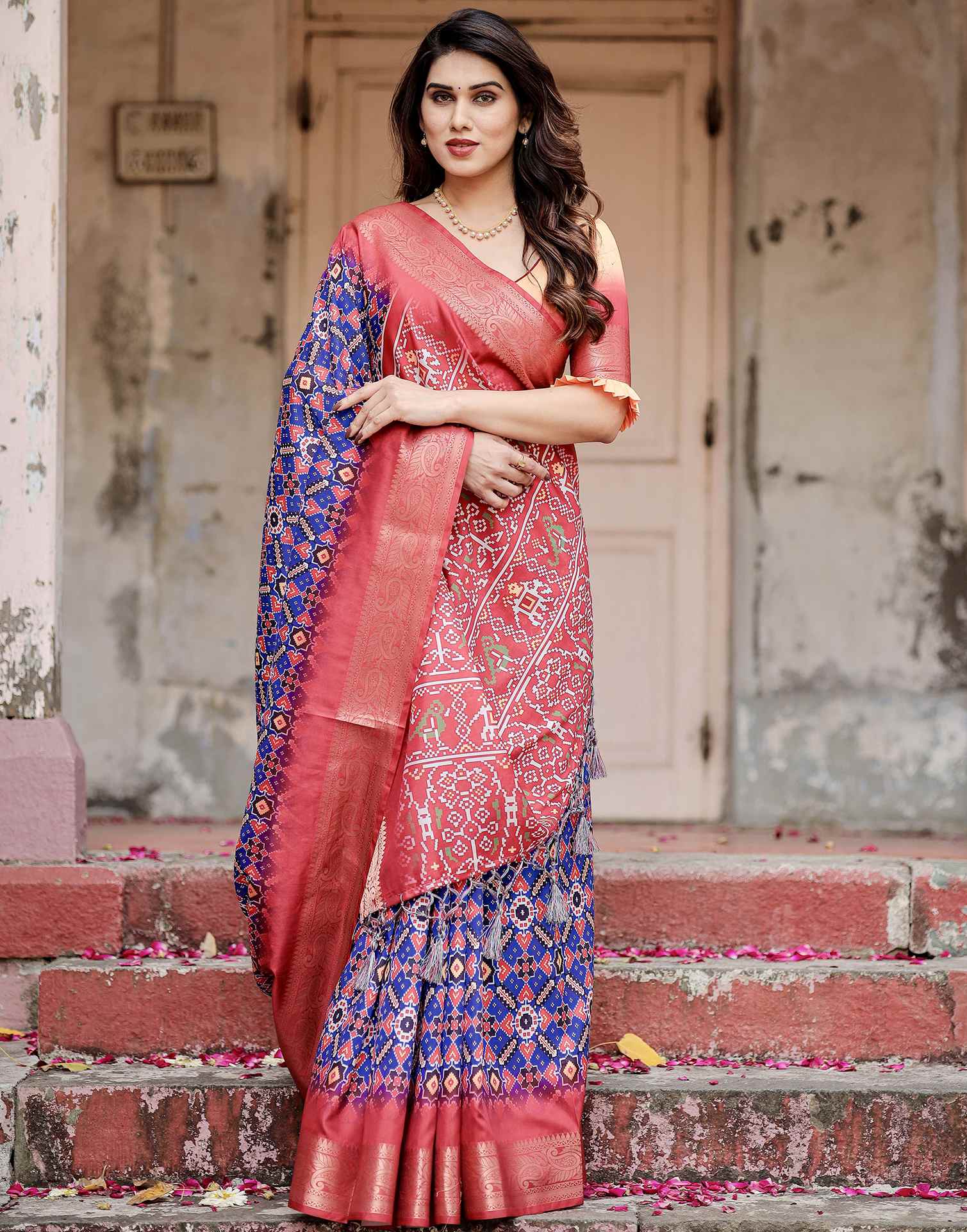Dark Blue Tussar Silk Printed Patola Saree