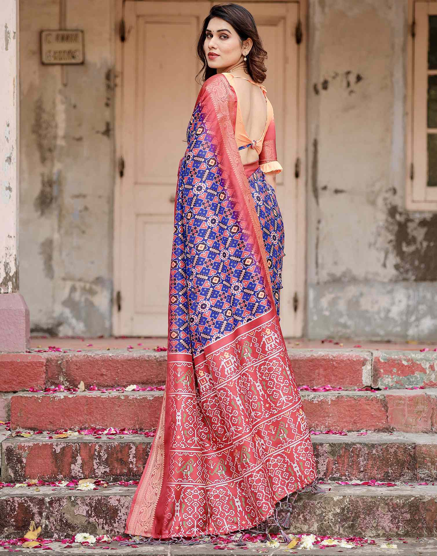 Dark Blue Tussar Silk Printed Patola Saree