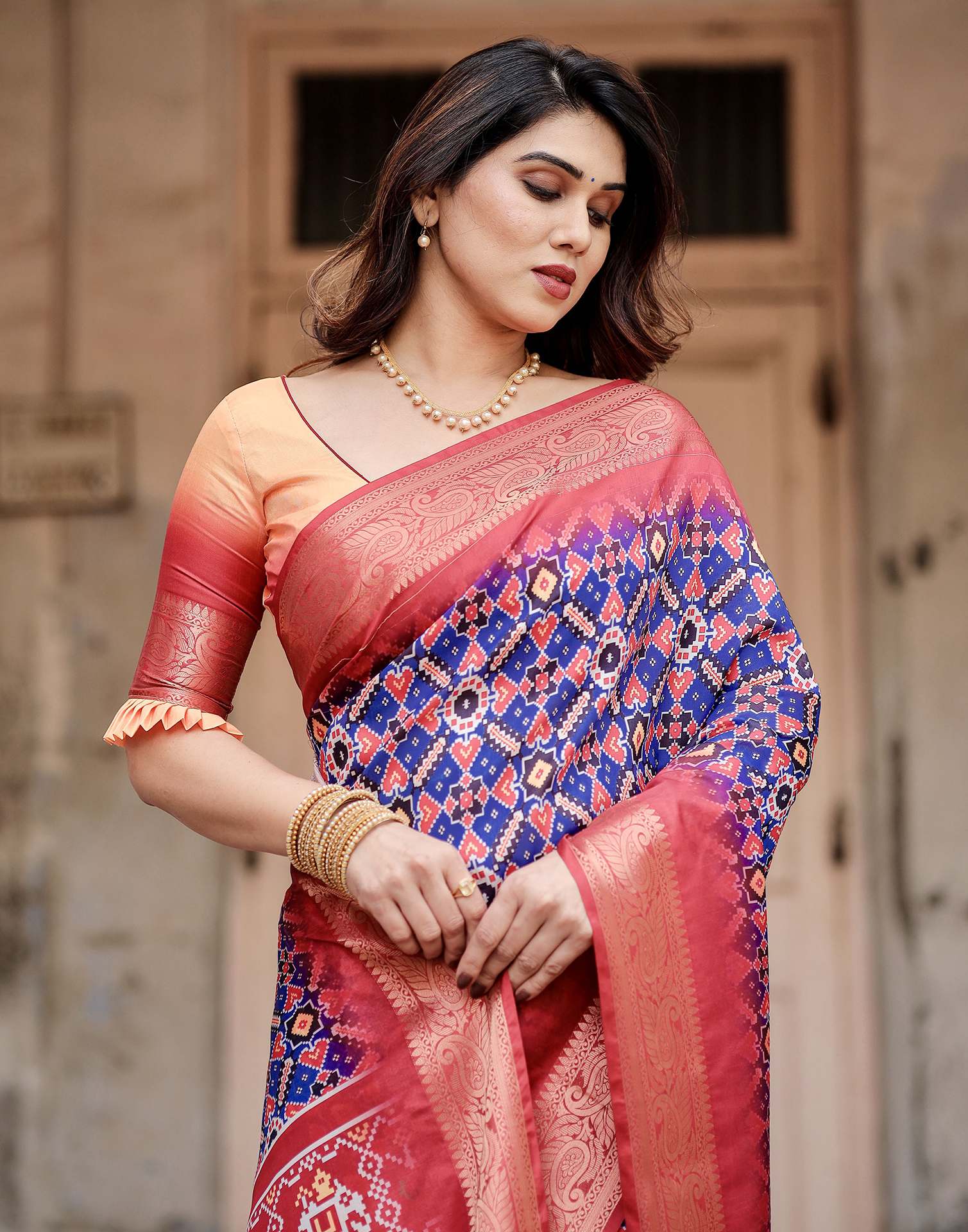 Dark Blue Tussar Silk Printed Patola Saree