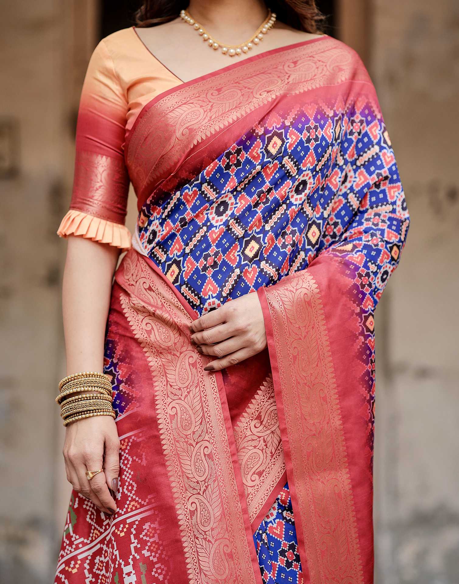 Dark Blue Tussar Silk Printed Patola Saree