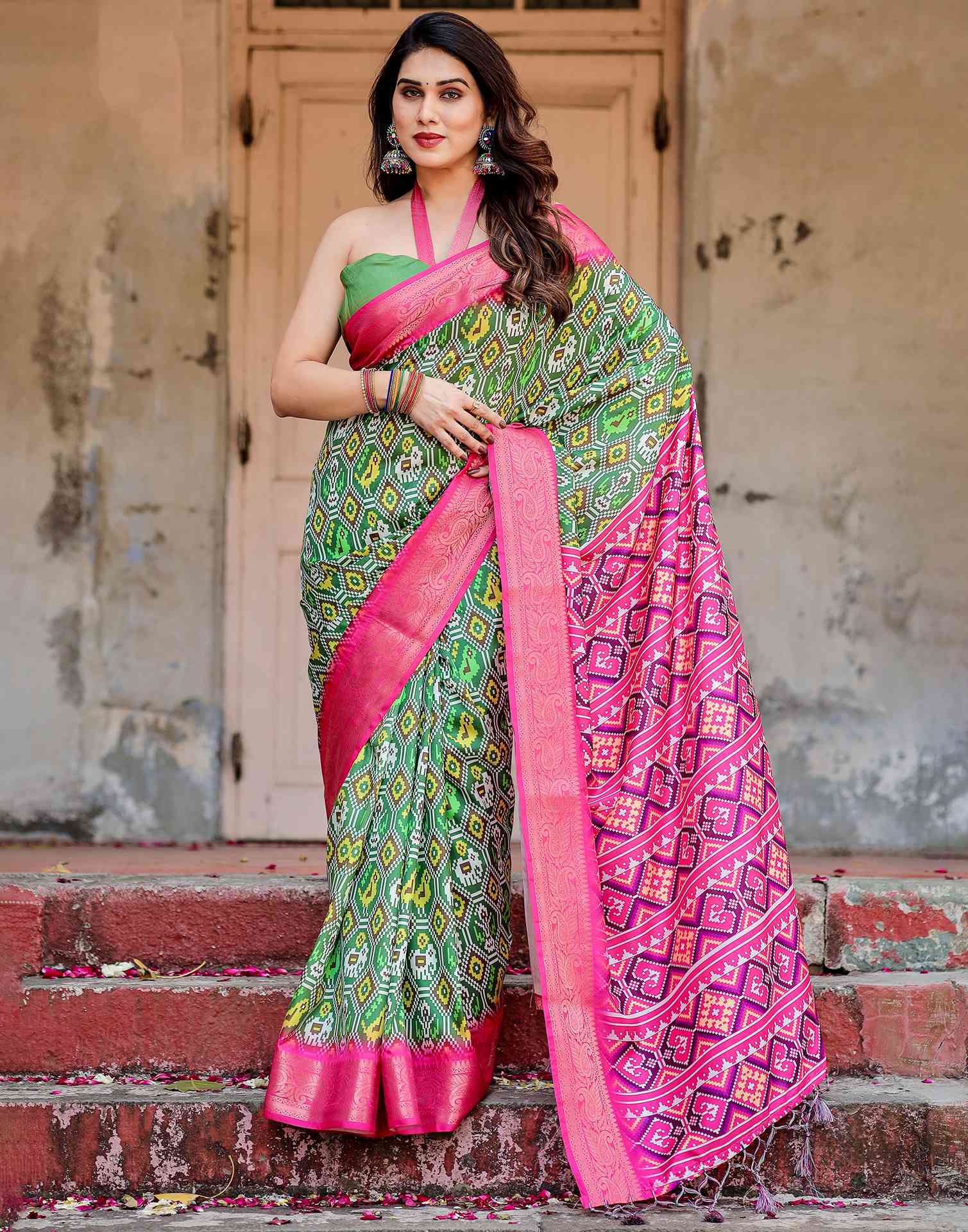 Green Tussar Silk Printed Patola Saree
