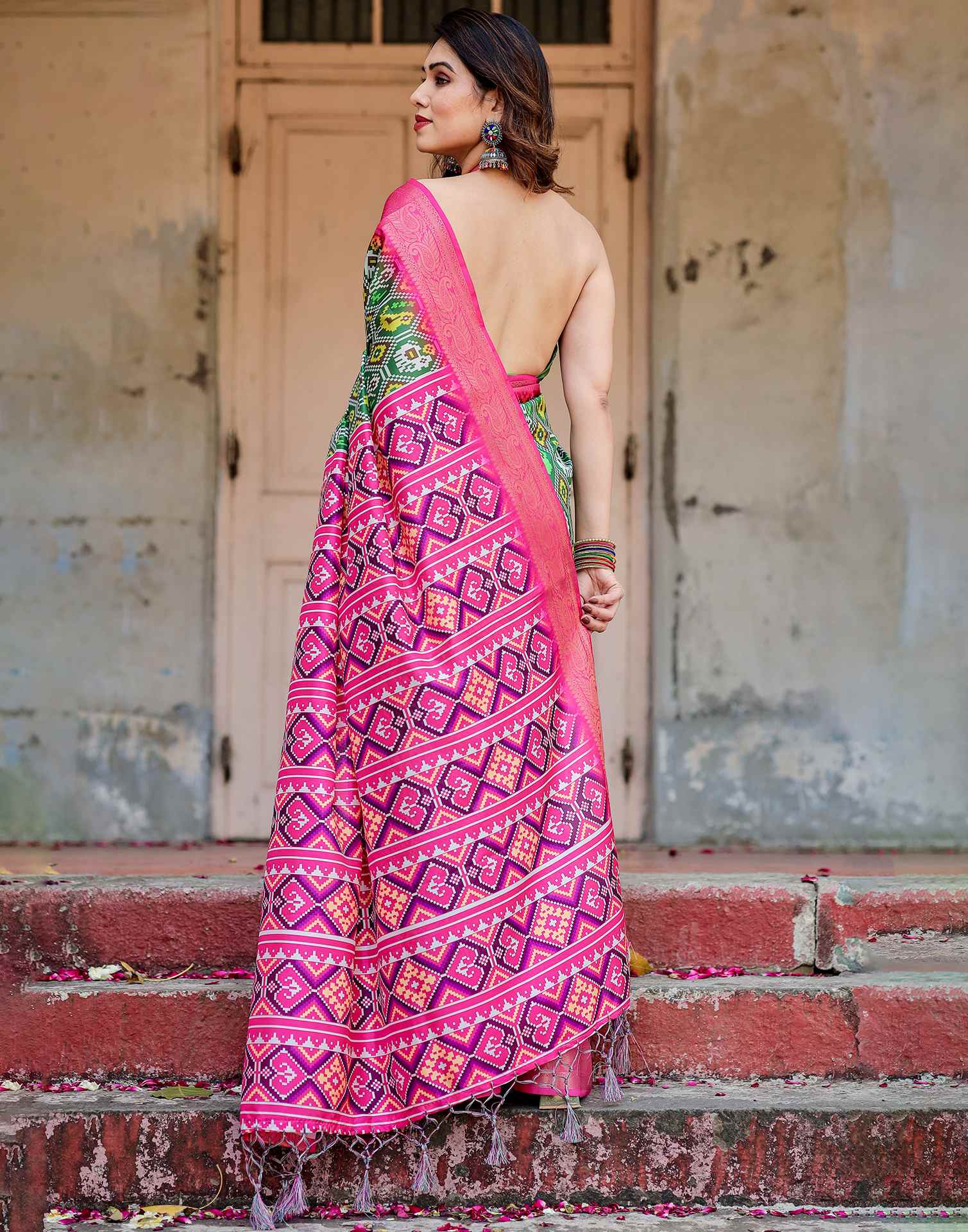Green Tussar Silk Printed Patola Saree