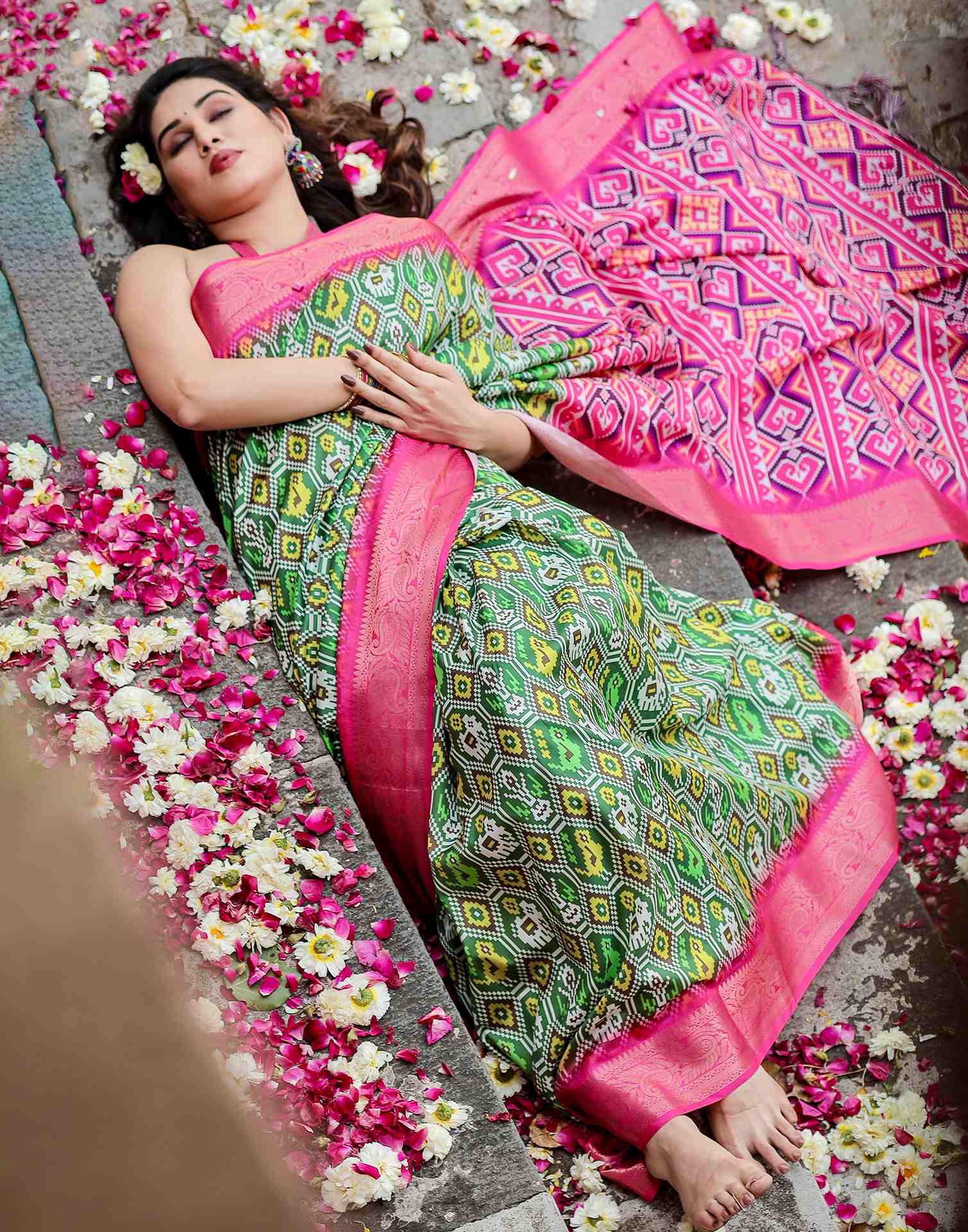 Green Tussar Silk Printed Patola Saree