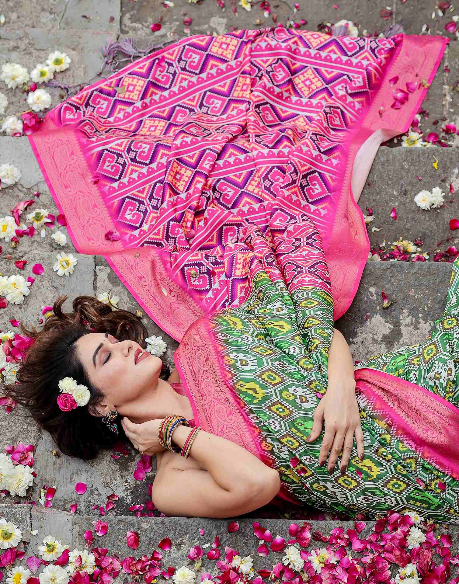 Green Tussar Silk Printed Patola Saree