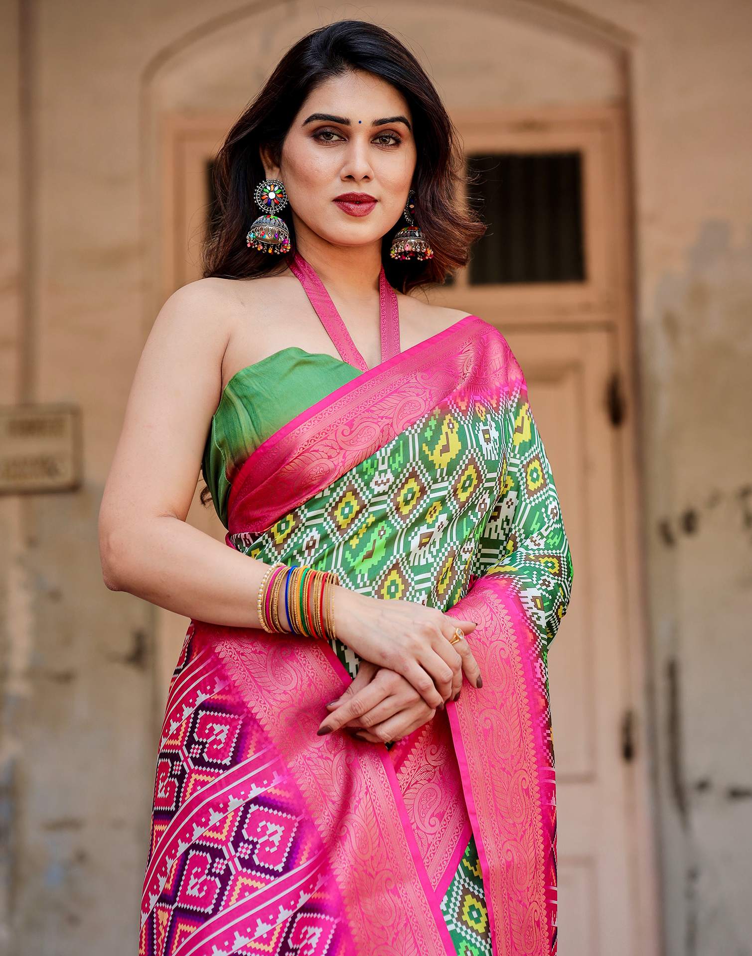 Green Tussar Silk Printed Patola Saree