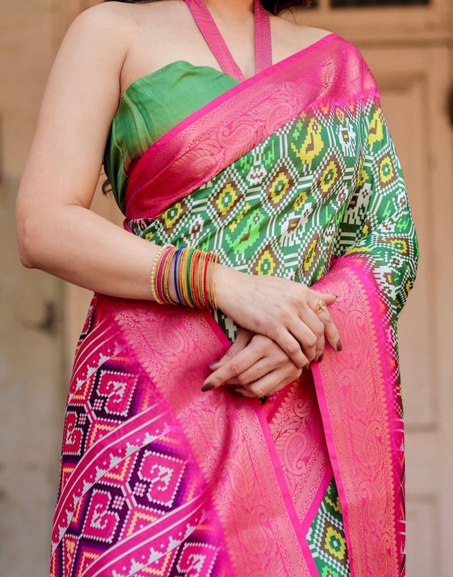 Green Tussar Silk Printed Patola Saree