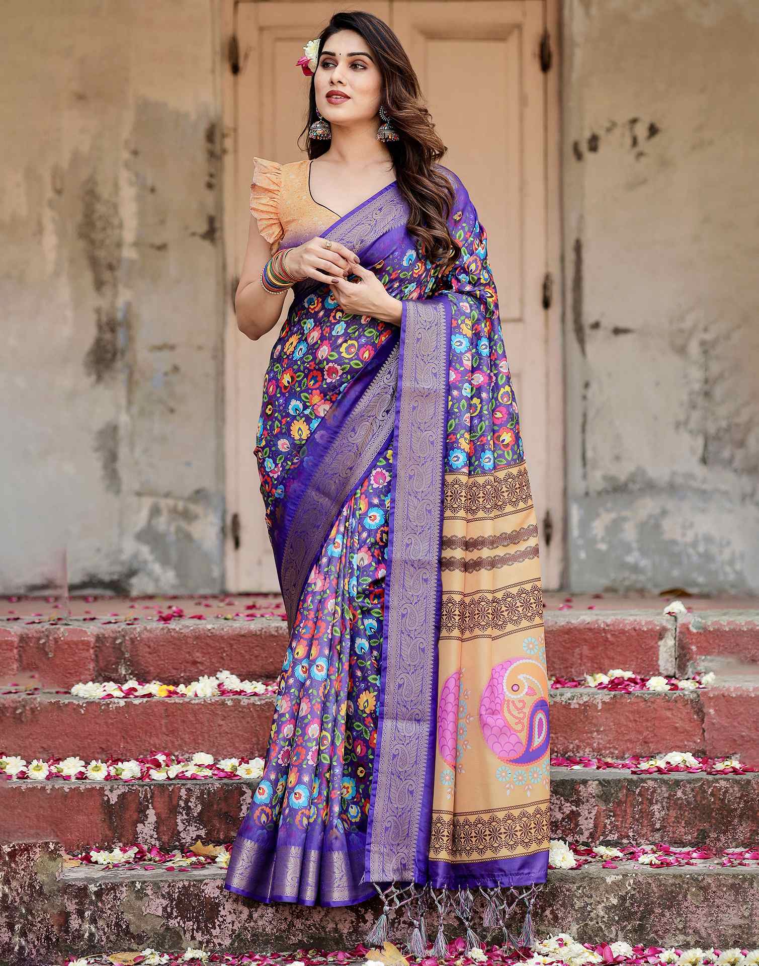 Purple Tussar Silk Printed Saree