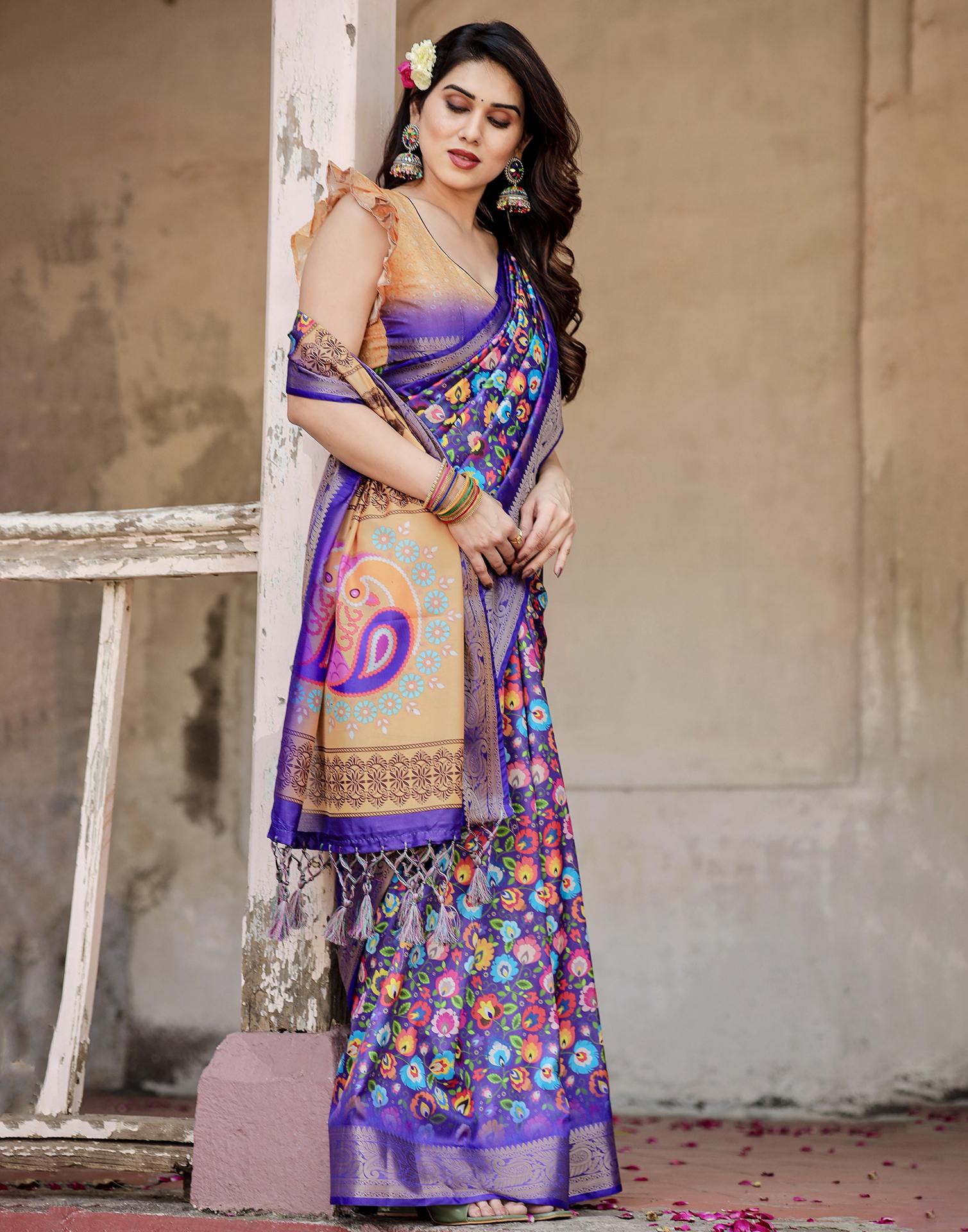 Purple Tussar Silk Printed Saree