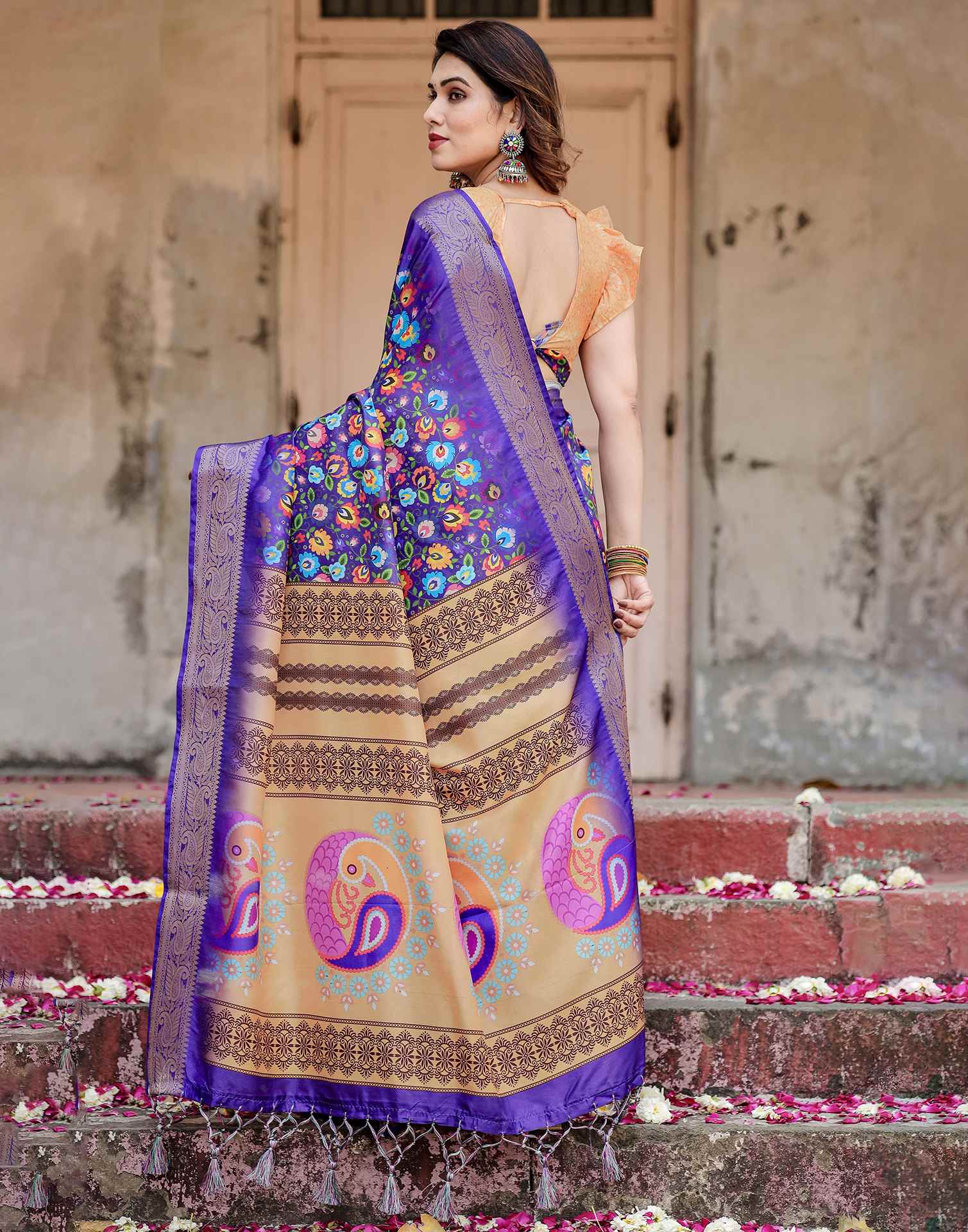 Purple Tussar Silk Printed Saree