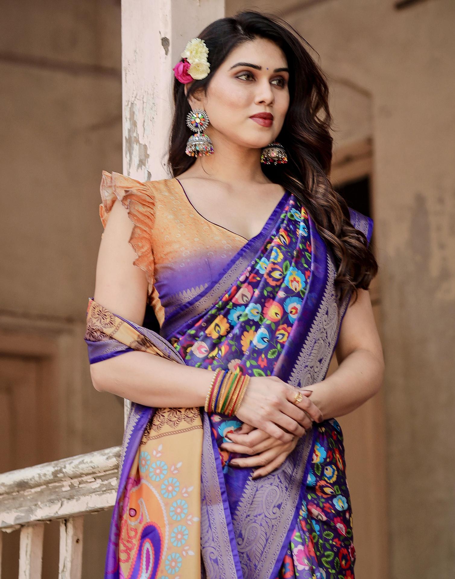 Purple Tussar Silk Printed Saree