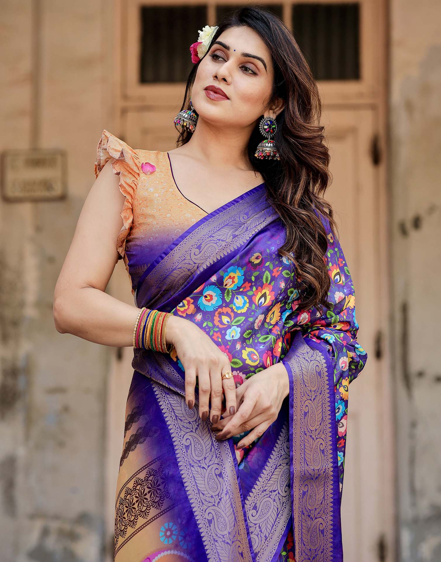 Purple Tussar Silk Printed Saree