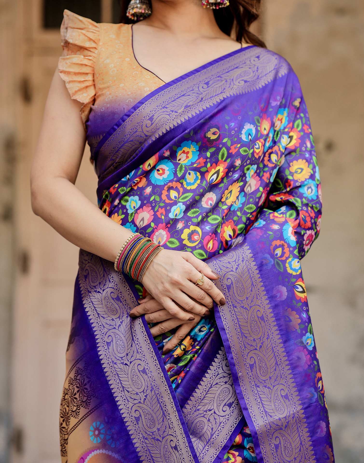 Purple Tussar Silk Printed Saree