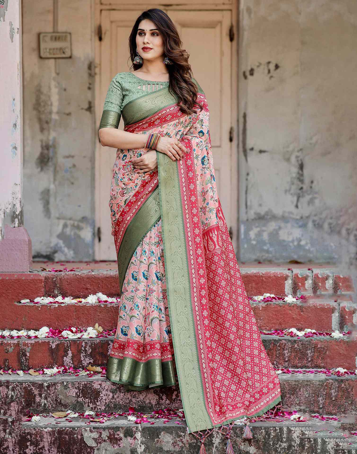 Light Rose Pink Tussar Silk Printed Saree