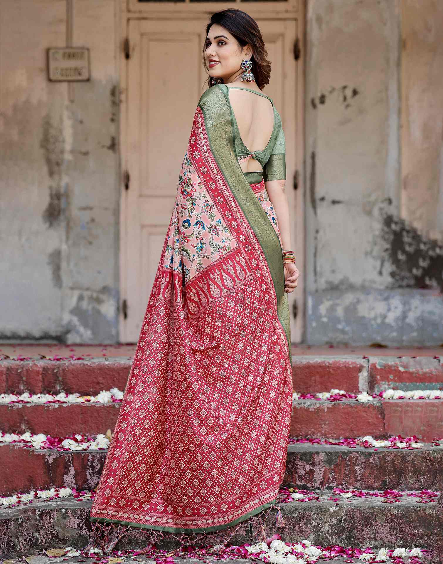 Light Rose Pink Tussar Silk Printed Saree