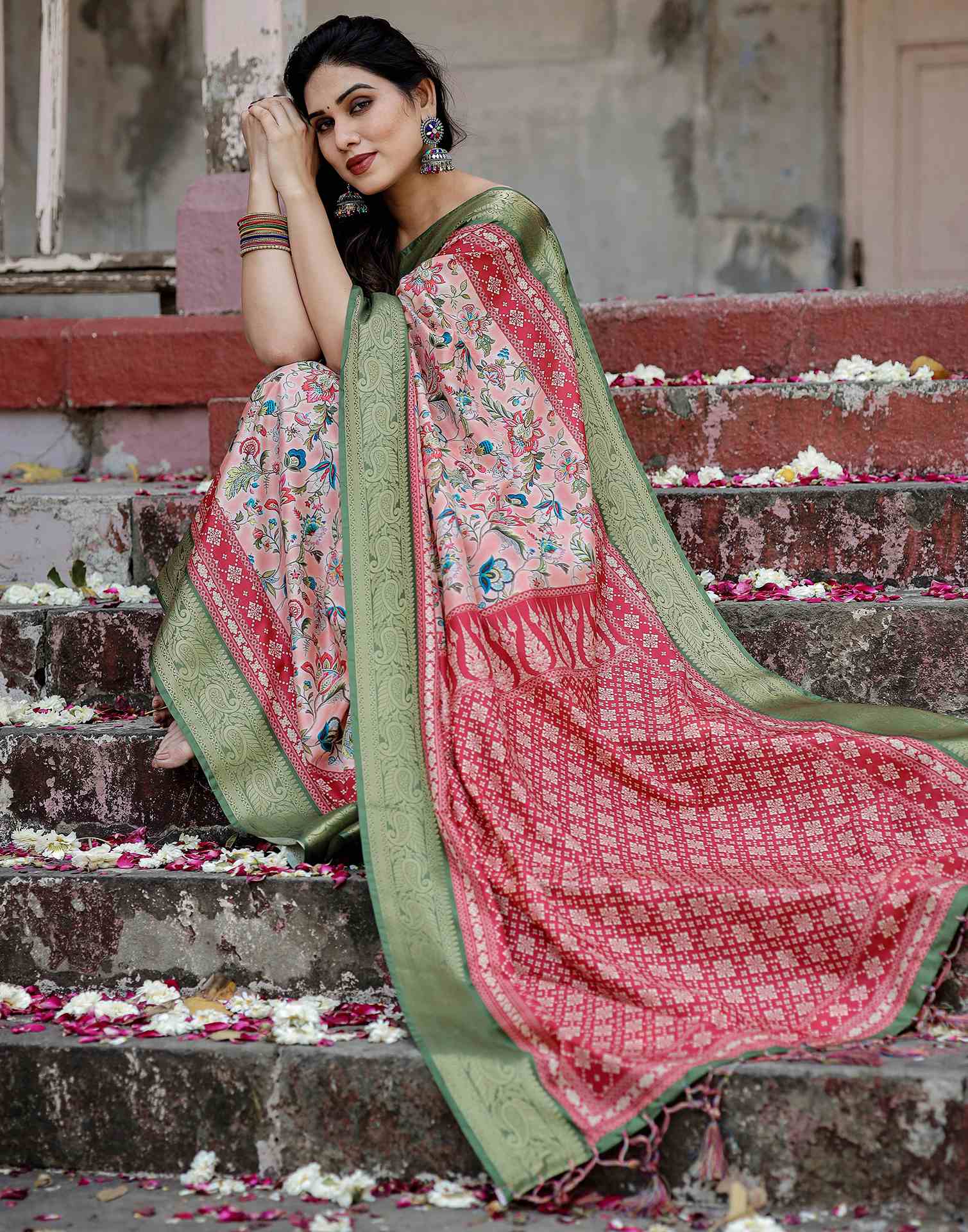 Light Rose Pink Tussar Silk Printed Saree