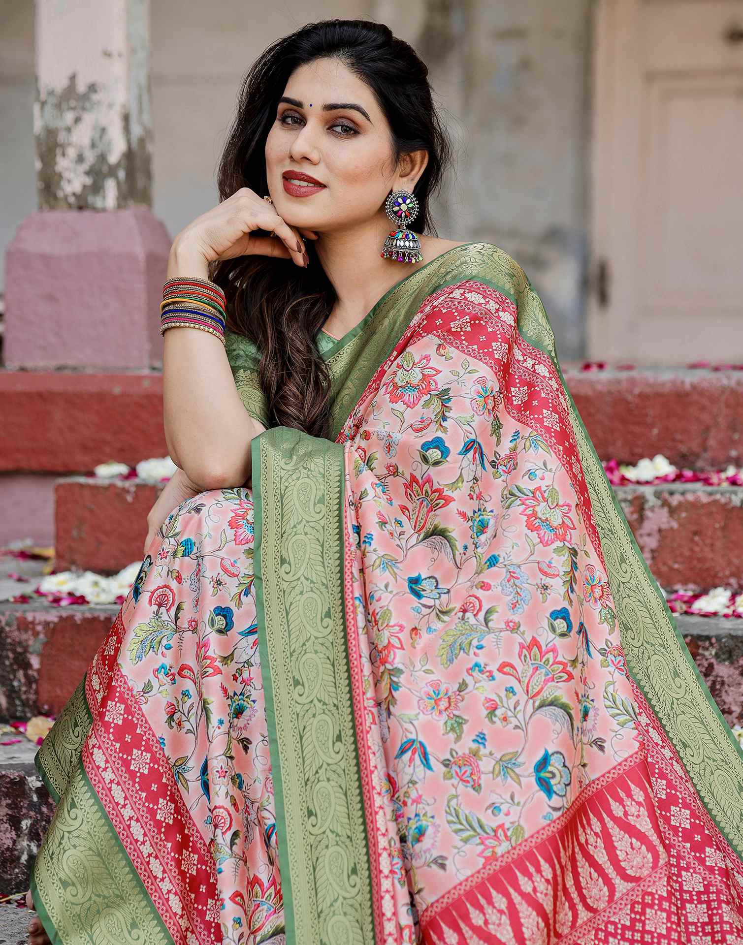 Light Rose Pink Tussar Silk Printed Saree