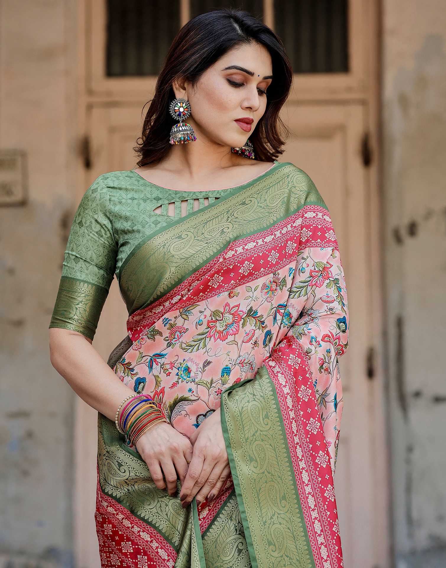 Light Rose Pink Tussar Silk Printed Saree