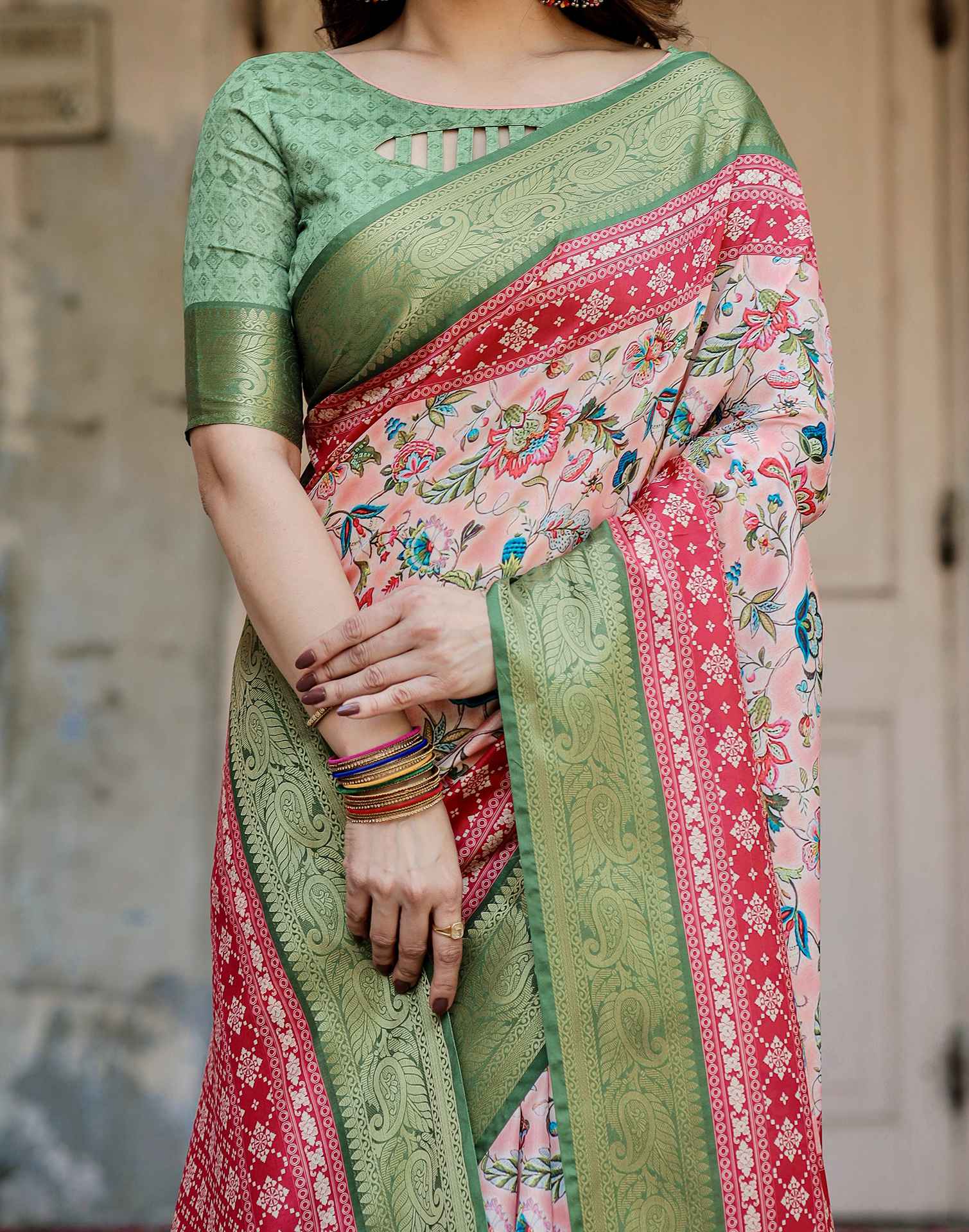 Light Rose Pink Tussar Silk Printed Saree